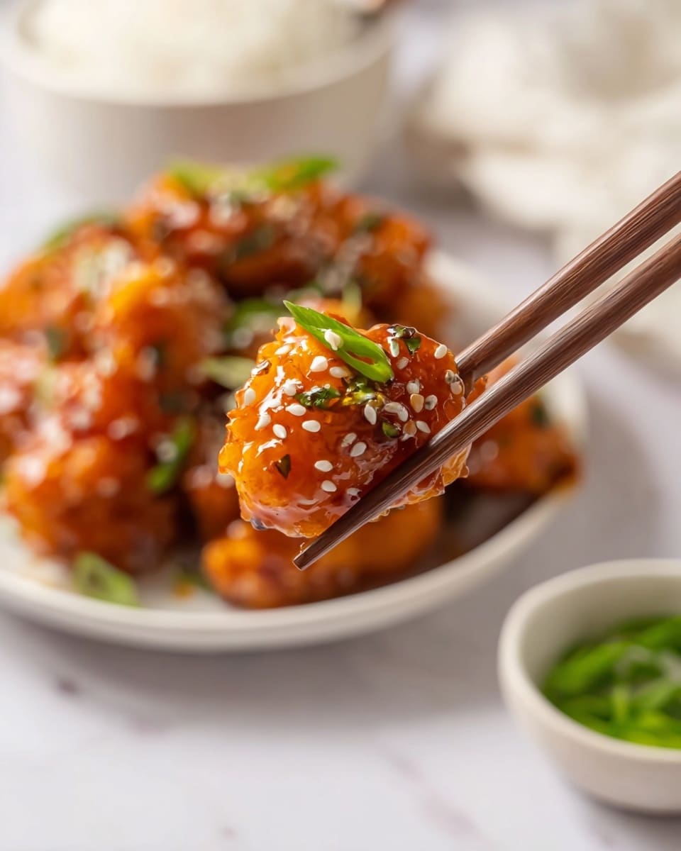 The image shows a bowl filled with many pieces of fried chicken coated in a shiny, thick dark orange sauce. The chicken bites are covered with white sesame seeds and chopped green onions, adding small green and white details on top. The bowl is white and round, placed on a white marbled surface. Around the bowl, there are small white dishes containing additional chopped green onions and sesame seeds, with a bowl of white rice seen in the top left corner. A pair of dark chopsticks rests on the white marbled surface near the bowl. Photo taken with an iphone --ar 4:5 --v 7