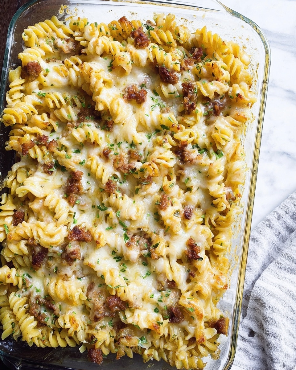 A glass baking dish filled with baked pasta made of yellow spiral noodles covered in melted light golden cheese, scattered evenly with small pieces of crispy brown meat and sprinkled with green herbs, all resting on a white marbled surface photo taken with an iphone --ar 4:5 --v 7