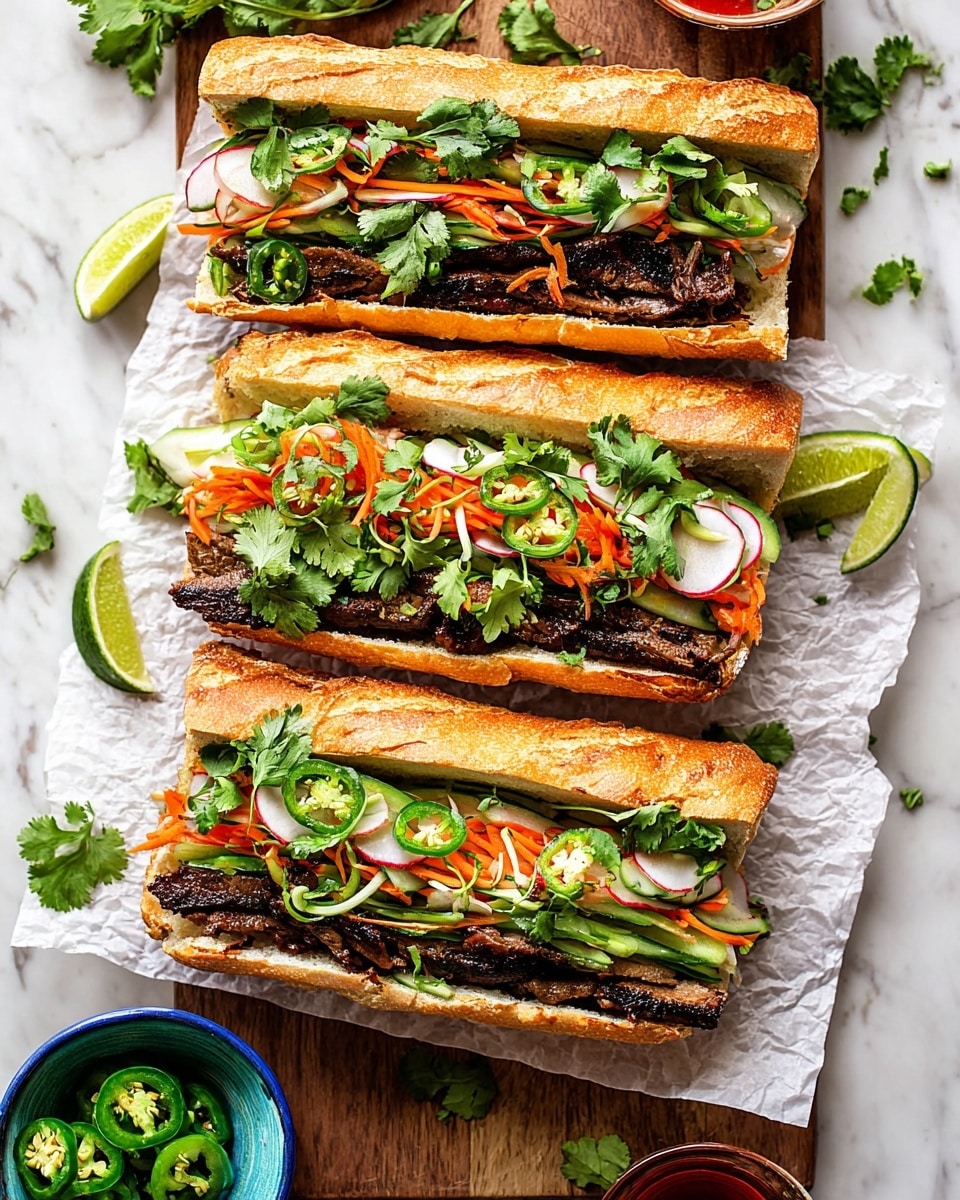 Three long sandwiches are laid out on a wooden board with white parchment paper. Each sandwich has a crispy golden baguette as the base. Inside, there is a layer of dark grilled meat strips, topped with bright orange thin carrot sticks, white radish strips, and fresh green cilantro leaves. There are also fresh green cucumber slices and round green jalapeño slices in each sandwich. Scattered around on the board are lime wedges and more fresh cilantro. In the lower left corner, there are two small blue bowls, one filled with sliced green jalapeños and the other with a red dipping sauce. The whole scene is on a white marbled surface. photo taken with an iphone --ar 4:5 --v 7