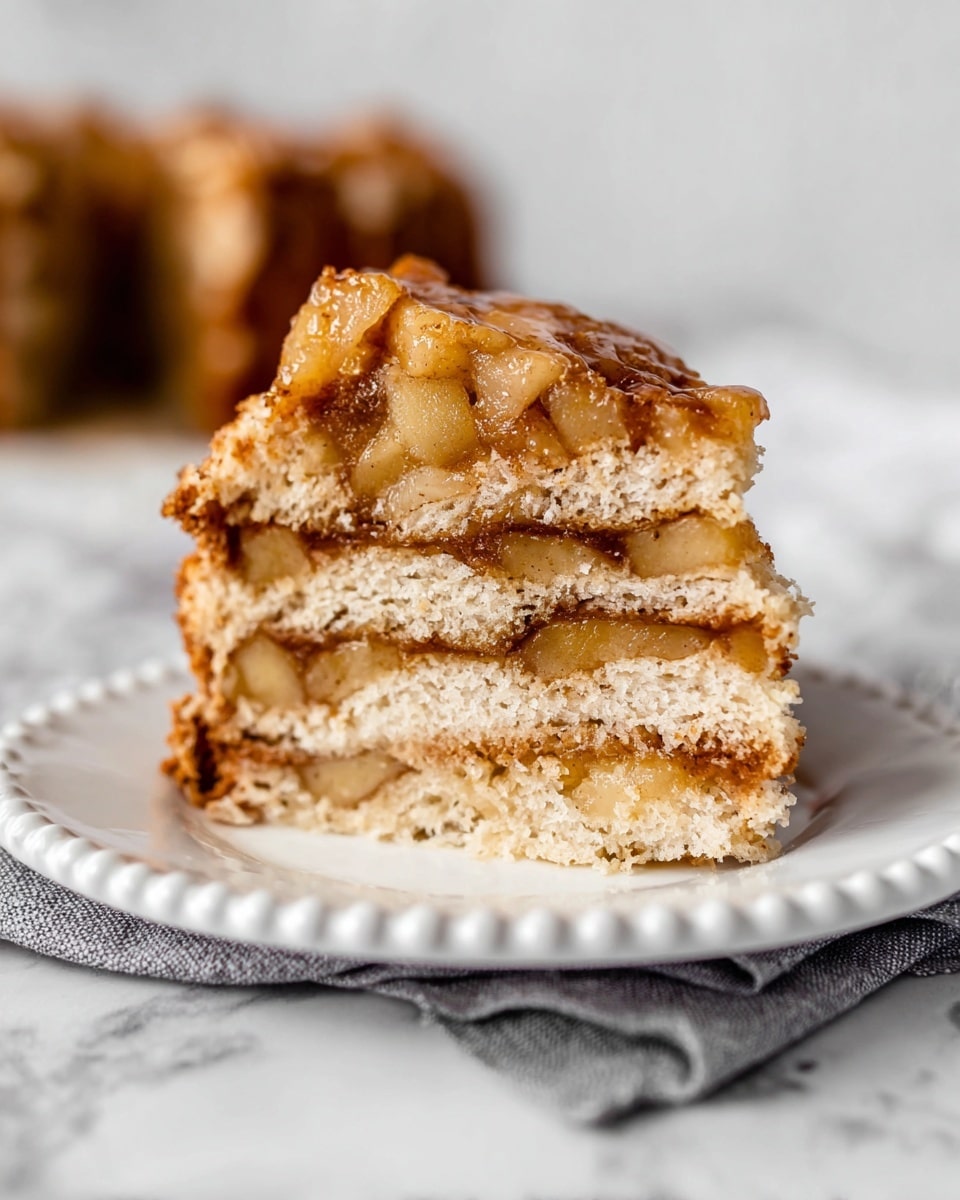 The image shows a close-up of a thick slice of layered apple cake placed on a white plate with a beaded edge. The cake has multiple soft, light beige layers of moist cake, alternating with golden brown apple pieces coated in a shiny cinnamon glaze. The apple filling looks tender and juicy, slightly oozing between the layers. The cake’s texture appears soft and crumbly with a caramelized top visible in the blurred background. The plate rests on a gray fabric napkin over a white marbled surface. Photo taken with an iphone --ar 4:5 --v 7