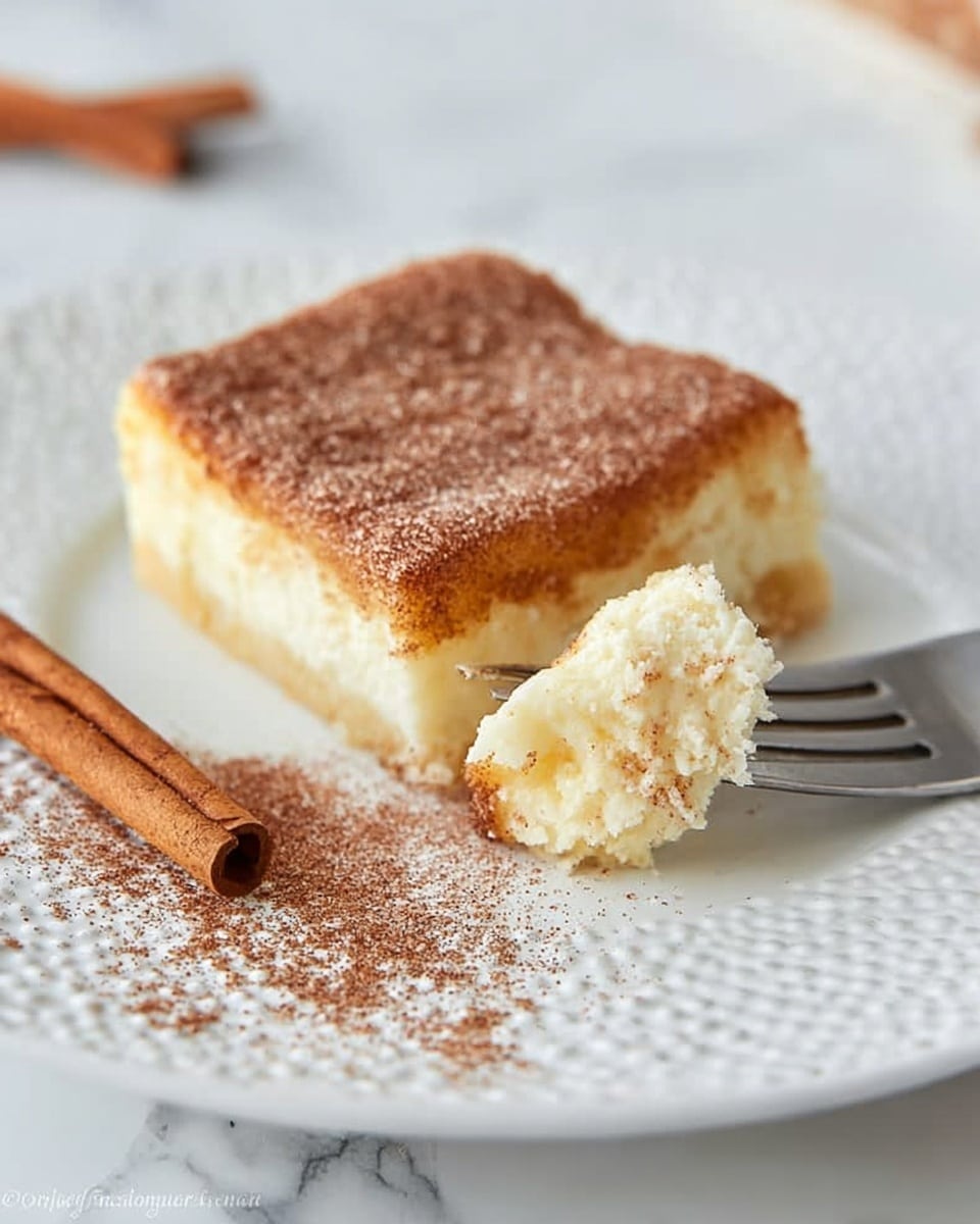 The image shows three square dessert pieces stacked on a white textured plate, each piece having three layers: the bottom and top layers are light brown with a soft, cake-like texture, covered with a dusting of fine cinnamon sugar, while the middle layer is a thick, creamy pale yellow filling. Two whole cinnamon sticks are placed next to the stack on the right side of the plate. The background features a white marbled surface with more pieces of the dessert blurred out in the distance, photo taken with an iphone --ar 4:5 --v 7