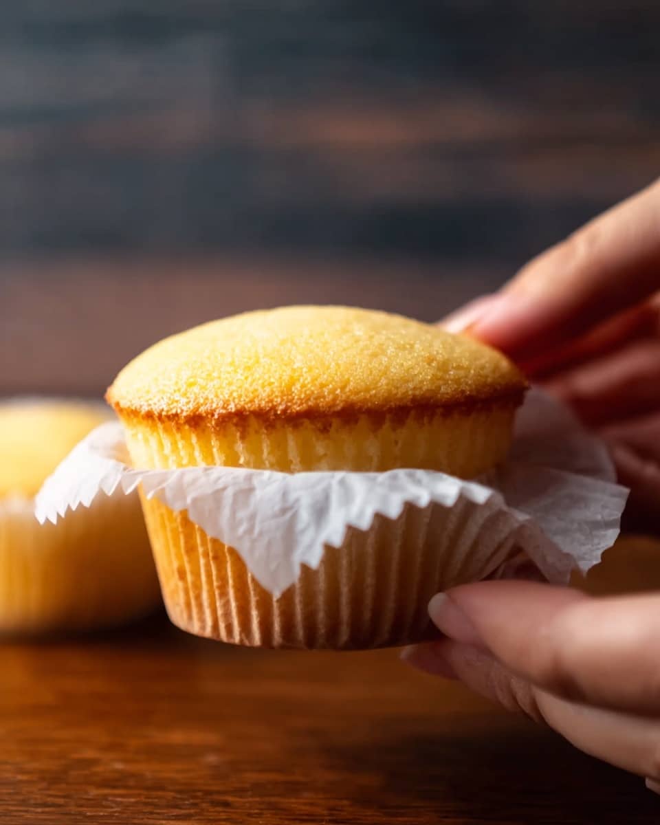 A close-up image shows a golden yellow cupcake being peeled from its white paper liner by a woman's hand. The cupcake has a soft texture with a slightly rounded top that is a deeper golden brown. The background is blurred with a dark wooden tone, and the overall focus is on the cupcake and the woman's hand carefully lifting the edges of the paper to reveal the moist cake inside photo taken with an iphone --ar 4:5 --v 7