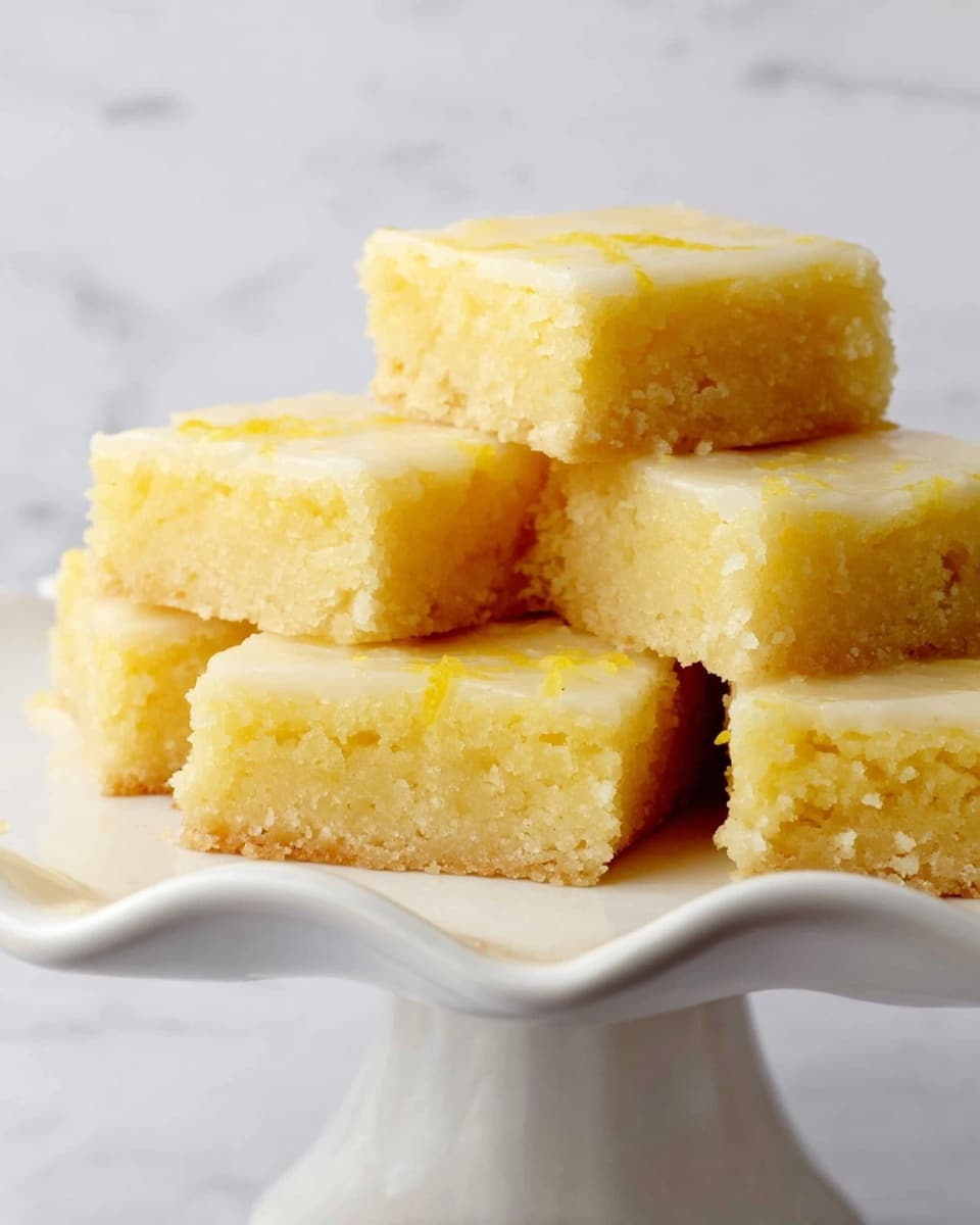 A stack of seven square lemon bars with a soft, crumbly texture and pale yellow color, arranged in two layers on a white, wavy-edged cake stand. Four lemon bars form the bottom layer, with three more placed on top, slightly overlapping. The top surfaces of the bars are smooth and glossy, indicating a thin lemon glaze. The whole scene is set against a white marbled texture background. photo taken with an iphone --ar 4:5 --v 7
