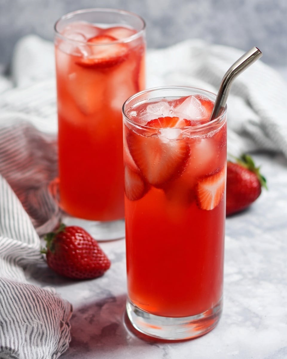 The image shows three tall clear glasses filled with pink strawberry drink and large ice cubes inside. Each glass has slices of fresh red strawberries floating near the top, partly submerged in the pink liquid. One glass in the foreground has a silver metal straw. The glasses sit on a white marbled surface with two whole strawberries placed nearby, and a soft striped cloth with white and gray stripes is partially visible in the background. The overall look is fresh and cool. photo taken with an iphone --ar 4:5 --v 7
