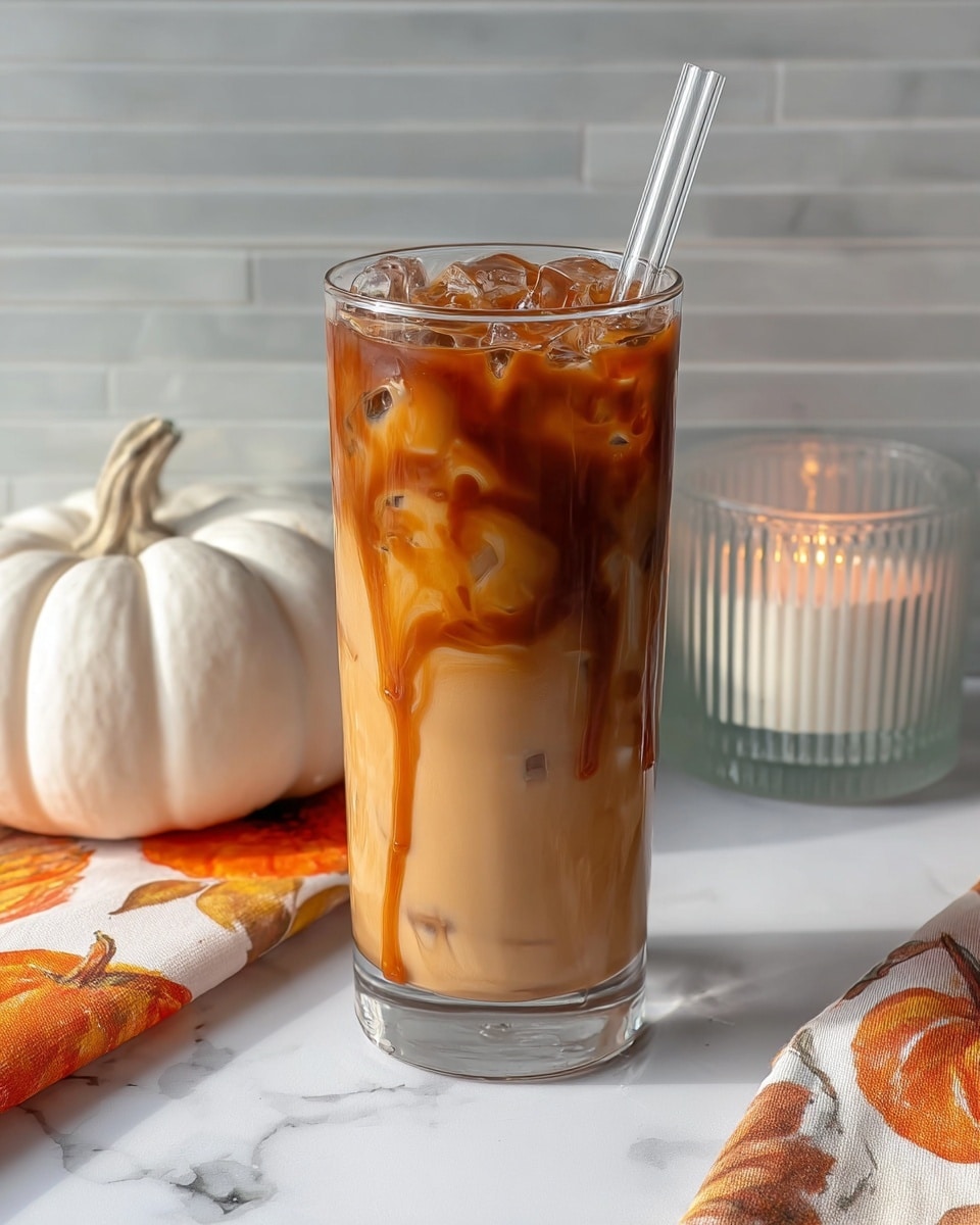 A tall clear glass filled with light beige iced coffee, showing three horizontal swirls of dark brown syrup inside. The glass is topped with several translucent ice cubes, and a clear glass straw is placed inside at an angle. In the background on a white marbled surface, there is a small round lit candle in a transparent container and a white pumpkin-shaped decoration. At the bottom right corner, there is a fabric napkin with orange pumpkin and leaf designs. Photo taken with an iphone --ar 4:5 --v 7