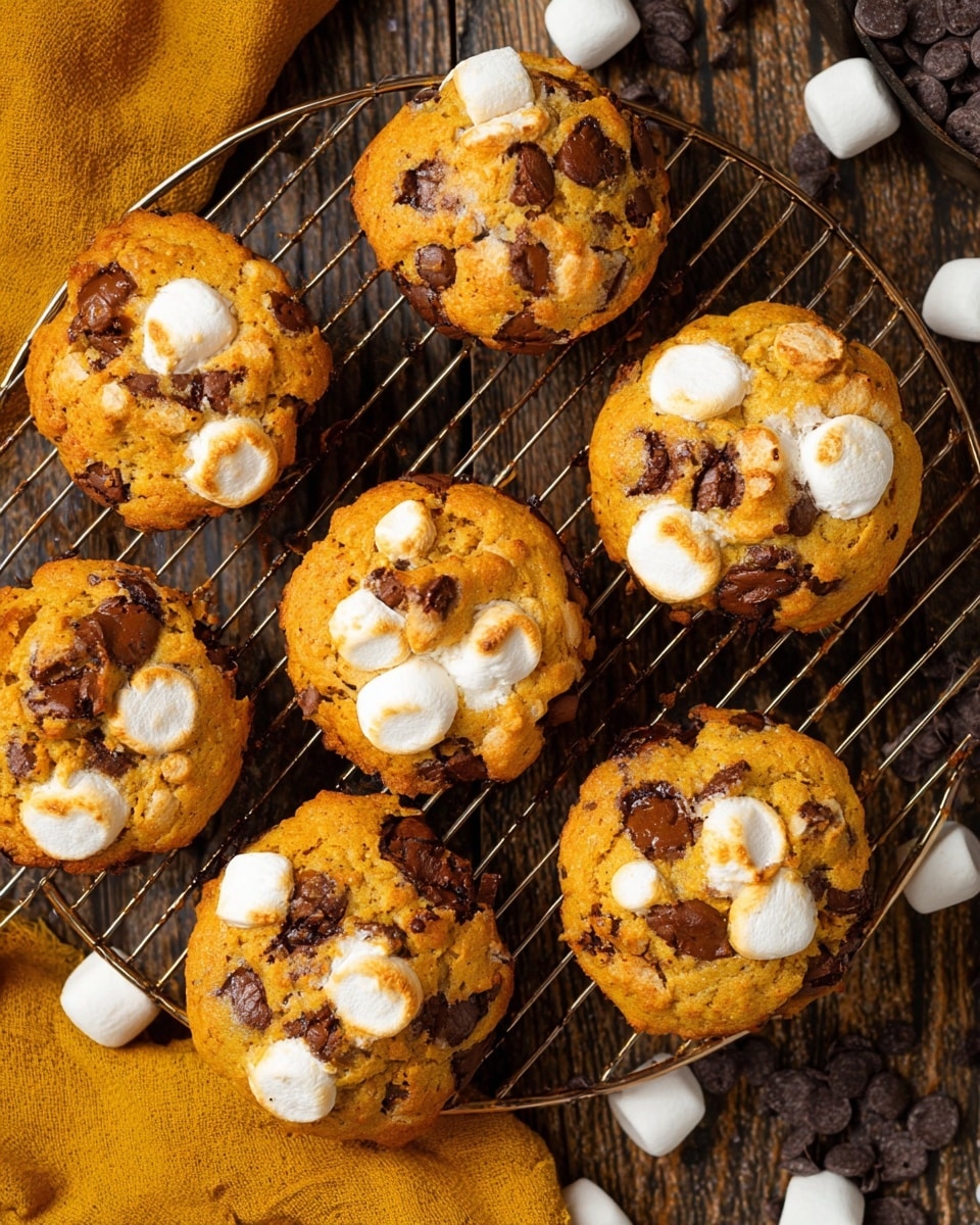 The image shows six round muffins on a metal cooling rack, placed on a dark wooden surface with some yellow cloth and chocolate chips scattered around. Each muffin is golden brown with a slightly rough texture, and they are studded with melted white marshmallows and dark brown chocolate chips on top. The marshmallows are slightly browned and bubbly, giving a toasted look. Photo taken with an iphone --ar 4:5 --v 7