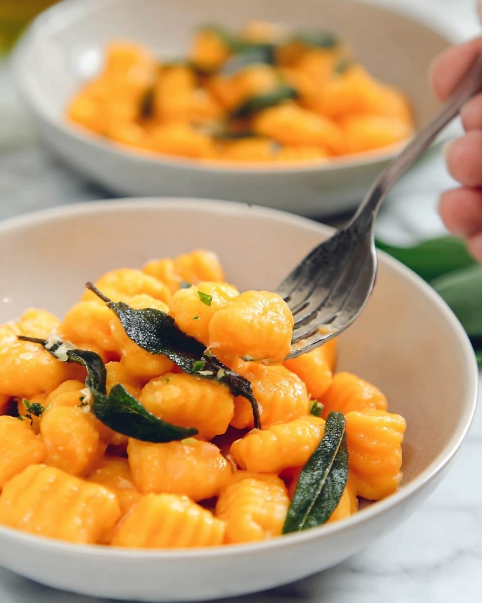 This image shows two white bowls filled with bright orange gnocchi pasta. Each gnocchi piece has a soft, smooth texture with small grooves across its surface. Scattered on top of the gnocchi are dark green sage leaves that look slightly crispy. In the front bowl, a metal fork held by a woman's hand is picking up a piece of gnocchi. The bowls sit on a white marbled surface, and the background is softly blurred to keep focus on the vibrant dish. photo taken with an iphone --ar 4:5 --v 7
