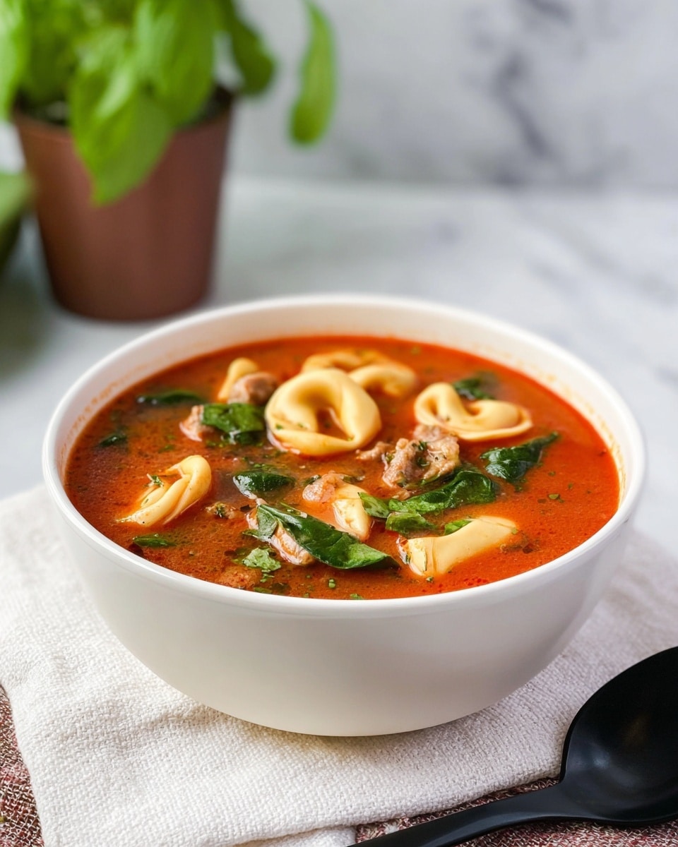 A white bowl filled with a bright red broth that has a smooth, slightly oily surface. Inside the soup are several pieces of pale yellow tortellini, some round and plump with folds visible. There are bits of green spinach leaves floating on top, and small chunks of light brown meat spread throughout the soup. The bowl sits on a white cloth on a white marbled surface, with a black spoon lying to the right side. In the blurred background, there is a small brown plant pot with green leaves. Photo taken with an iphone --ar 4:5 --v 7
