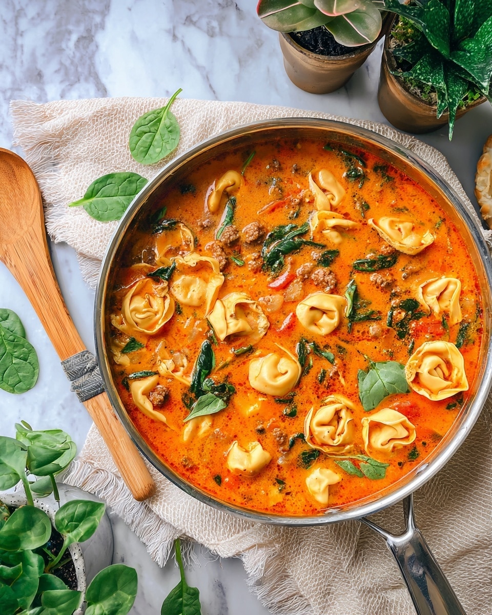 A round silver pan filled with a rich orange-red soup, showing many folded tortellini pasta pieces floating on top. Small bits of sausage and bright green spinach leaves are mixed through the soup, adding contrast in color. The pan rests on a white cloth over a white marbled surface, next to a wooden spoon with a metal handle, scattered spinach leaves, and potted green plants in the background. The scene is bright and inviting. photo taken with an iphone --ar 4:5 --v 7