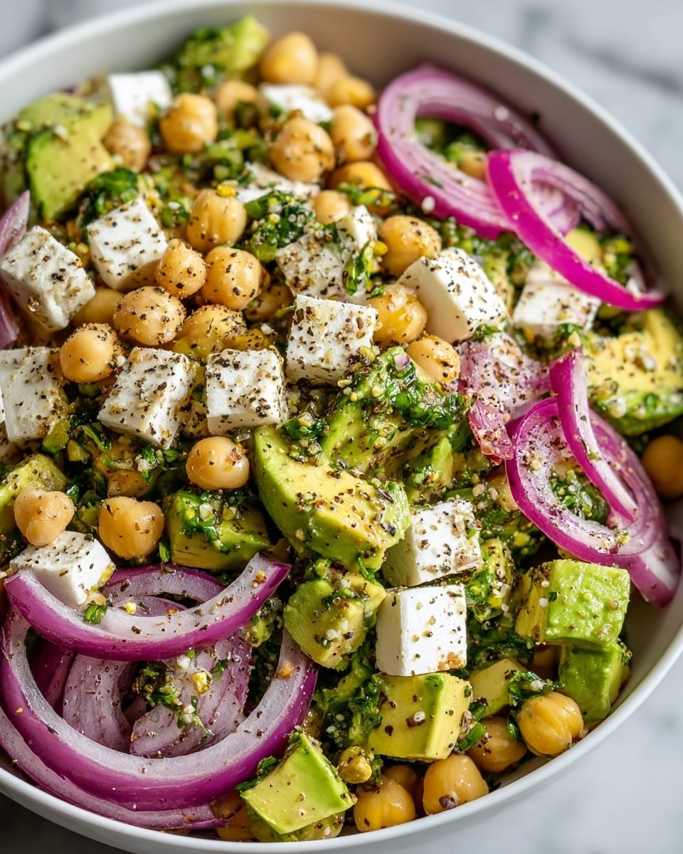 A white bowl filled with a fresh salad made of light green sliced avocado halves forming the base layer, mixed chickpeas with a pale beige color spread evenly throughout, thin curved slices of purple onion scattered on top, and chunks of white cheese sprinkled across. Green chopped herbs are sprinkled around the salad, adding flecks of green color, and black pepper flakes are visible on the surface. There is a tarnished silver spoon placed inside the bowl on the right side, resting against the layers of salad. The bowl sits on a white marbled surface photo taken with an iphone --ar 4:5 --v 7