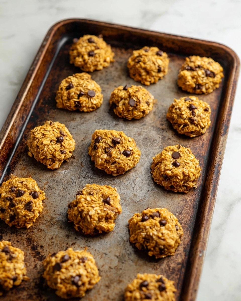 The image shows a baking tray holding twelve small round cookies arranged in loose rows. The cookies have a rough texture with visible oats and scattered dark chocolate chips embedded within. The baking tray has a worn, dark metal surface with slight rust and stains. The cookies are golden brown with a slightly uneven surface, giving a homemade look. The background is a white marbled texture. photo taken with an iphone --ar 4:5 --v 7