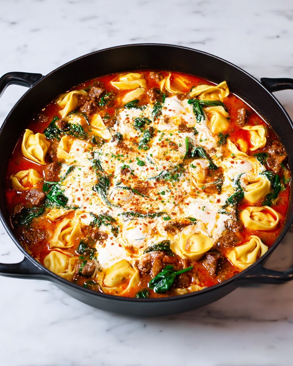 A black round pan with handles holds a rich red soup filled with yellow tortellini pasta and small pieces of brown cooked meat. Bright green spinach leaves are spread throughout the dish. On top, there is a thick layer of creamy white sauce with a slightly textured surface, sprinkled with light brown spices. The pan is placed on a white marbled surface. photo taken with an iphone --ar 4:5 --v 7