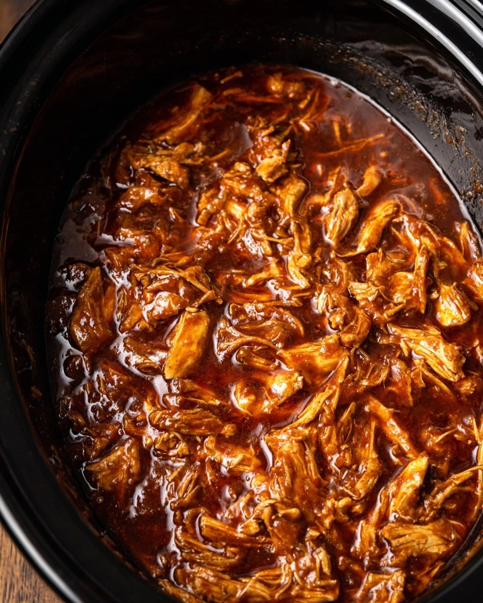 This image shows a close-up of shredded chicken simmering in a rich, dark brown sauce inside a black slow cooker. The sauce is thick and glossy with a slightly oily surface, coating the chicken pieces evenly. The chicken is torn into small, irregular strips and chunks, mixed well with the sauce, giving a textured look of soft and tender meat merging with the shiny liquid. The background around the slow cooker’s rim fades out with wooden tones, while the main focus remains on the juicy, reddish-brown chicken mixture. Photo taken with an iphone --ar 4:5 --v 7