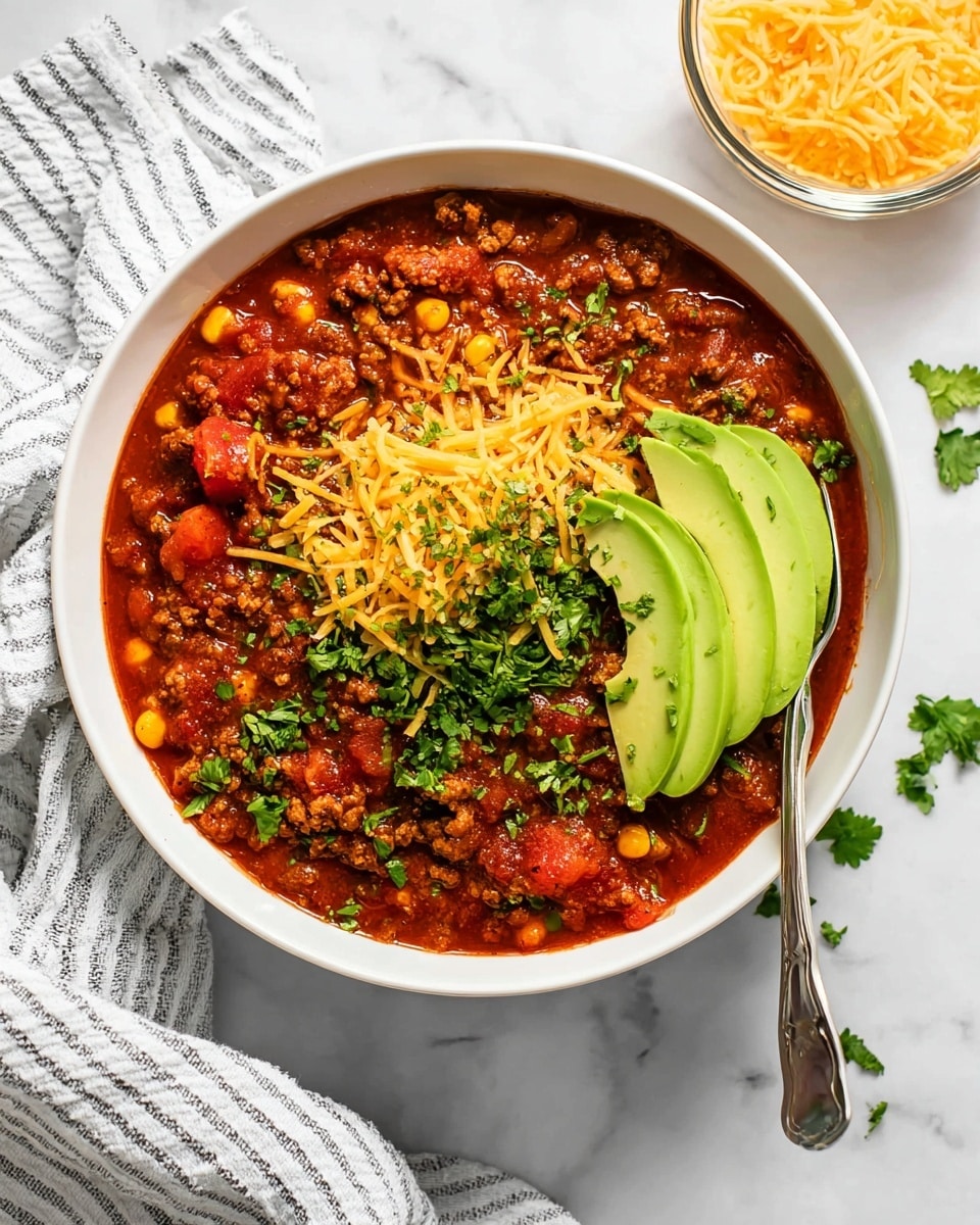 A white bowl filled with a thick, chunky chili made of ground meat, corn, and diced carrots in a rich red tomato sauce, topped with three slices of light green avocado arranged side by side on the right, and a generous sprinkle of shredded yellow cheddar cheese mostly covering the center. Fresh green chopped cilantro is scattered over the chili, adding a bright touch. A silver spoon is placed inside the bowl on the right side, and a small clear bowl with extra shredded cheddar cheese is set nearby on the white marbled surface, along with a folded white and black striped cloth. Photo taken with an iphone --ar 4:5 --v 7