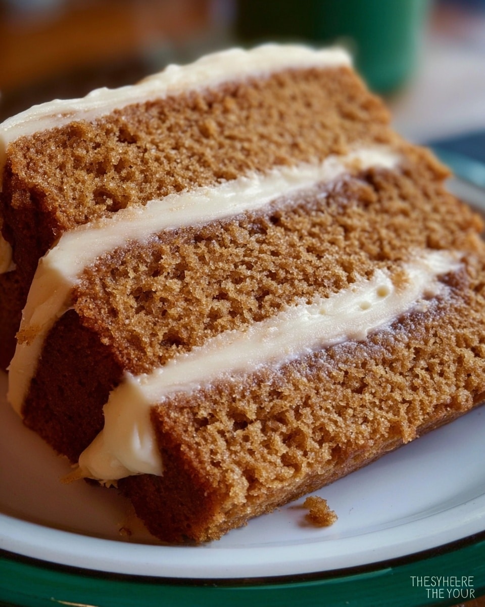 The image shows three thick slices of a brown cake with a fine crumb texture, each slice layered with a creamy light beige frosting in the middle and on top. The frosting looks smooth and slightly shiny, evenly spread between the two cake layers and on the edges. The cake is placed on a white plate with a dark green rim, which contrasts with the cake’s warm brown and beige tones. The background features a soft focus, giving all attention to the cake slices. photo taken with an iphone --ar 4:5 --v 7