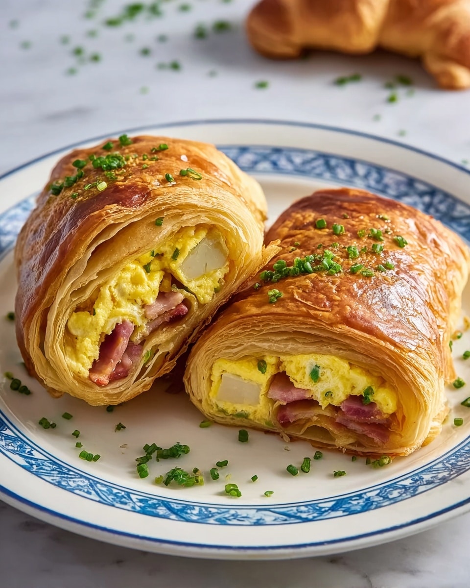 Two pieces of golden brown puff pastry rolls sit side by side on a white plate with a blue patterned rim, placed on a white marbled surface. Each roll is sliced open, showing multiple layers of flaky pastry on the outside. Inside, the filling has several layers: soft yellow scrambled eggs with small green herbs, light beige thick tofu pieces, and chunks of reddish-brown ham. Around the plate edges, small bits of finely chopped green herbs are scattered for garnish. The photo is taken with an iphone --ar 4:5 --v 7
