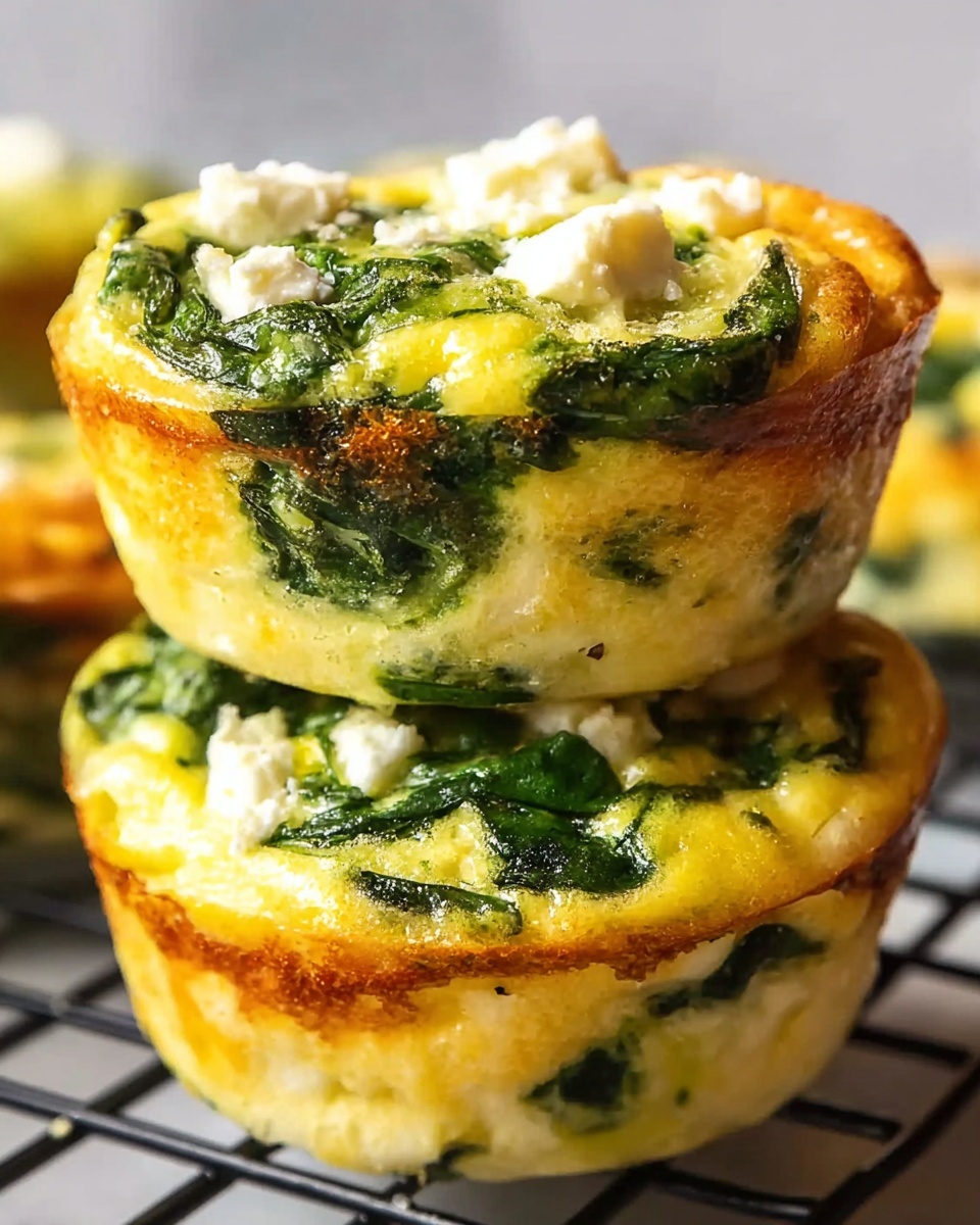 The image shows two egg muffins stacked, each with three visible layers. The bottom layer is a light yellow, soft and fluffy egg base, holding the muffin shape. The middle layer has bright green spinach leaves mixed evenly throughout, adding texture and color. The top layer is golden brown with a slightly crispy edge, dotted with small white cheese pieces that add contrast and detail. The muffins have a slightly shiny surface and a moist look, sitting closely on a black rack, all on a white marbled textured surface. photo taken with an iphone --ar 4:5 --v 7