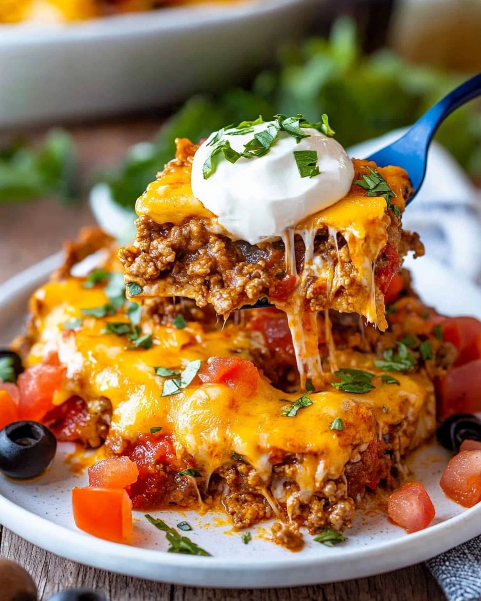 The image shows a plate with a layered dish that has three main layers: at the bottom, there is a thick layer of cooked ground meat with a rich orange sauce; the middle layer contains melted yellow-orange cheese that stretches as a fork lifts a piece, with small cubes of bright red tomatoes mixed inside; on top, there is a dollop of white sour cream, diced red tomatoes, chopped green herbs, and a few sliced black olives scattered on the plate. The plate is white and sits on a wooden table with green herbs and a glass of drink blurred in the background. A fork with a blue handle holds up a bite of the dish, showing all the layers clearly. The photo is vibrant, colorful, and focused on the food s texture. Photo taken with an iphone --ar 4:5 --v 6.1