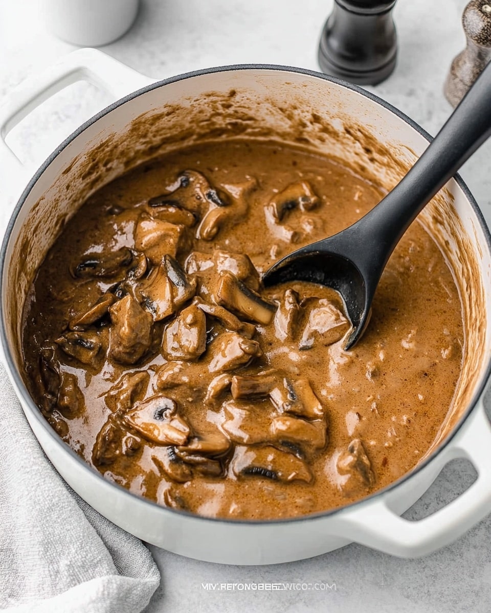 The image shows a white heavy pot filled with a creamy brown sauce mixed with medium-sized dark brown strips of meat and light brown sliced mushrooms. The sauce is thick and smooth, covering the ingredients well. A black spoon with a long handle is partially submerged on the right side of the pot, stirring the sauce. In the background, there are salt and pepper shakers and a white cloth with gray stripes, all set on a white marbled surface. Photo taken with an iphone --ar 4:5 --v 6.1