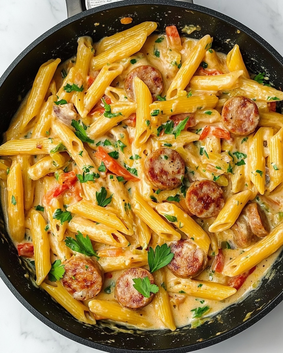 Two white plates with a brown rim hold creamy penne pasta mixed with slices of browned sausage, red and yellow bell pepper strips, and sautéed mushrooms. The pasta is coated in a light orange creamy sauce, and fresh green parsley leaves are sprinkled on top. Each plate has a silver fork with a wooden handle placed on the edge. The plates sit on a white marbled surface, with scattered parsley flakes and some red pepper flakes in a small white bowl nearby. Two glasses with light pink drink are also on the surface, and a beige cloth napkin with a black stripe is folded beside the bottom plate. Photo taken with an iphone --ar 4:5 --v 6.1