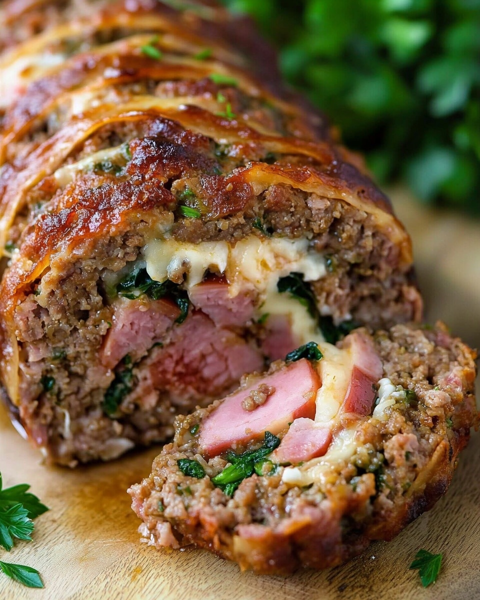 A large, browned meat roll rests on a wrinkled brown surface with a bunch of green parsley in the background. The roll has a rough, textured outer layer that is golden brown with small chunks of onion visible. One slice has been cut from the roll, revealing four distinct inner layers: the outer meat layer, a layer of thin, pink slices resembling ham, a layer of green herbs, and a final inner layer of the same ground meat. The meat looks moist but firm, with the pink and green layers adding a pop of color. The scene is simple with natural lighting, focusing closely on the roll. photo taken with an iphone --ar 4:5 --v 6.1