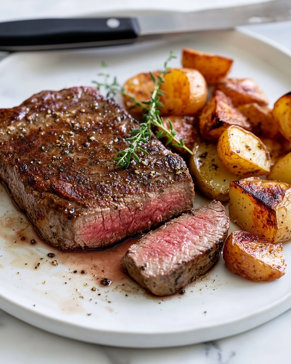 A large cooked steak with a shiny brown surface and some small fat edges lies on the left side of a white plate. On the right side, there is a mix of roasted potato pieces that are golden brown, yellow, and red with some crispy edges. A small green herb sprig sits on top of the potatoes. The plate is set on a white marbled surface with a glass of water filled with ice cubes near the top left and a knife and fork with black handles placed above the plate. A gray and white striped cloth is partly visible at the bottom left photo taken with an iphone --ar 4:5 --v 6.1