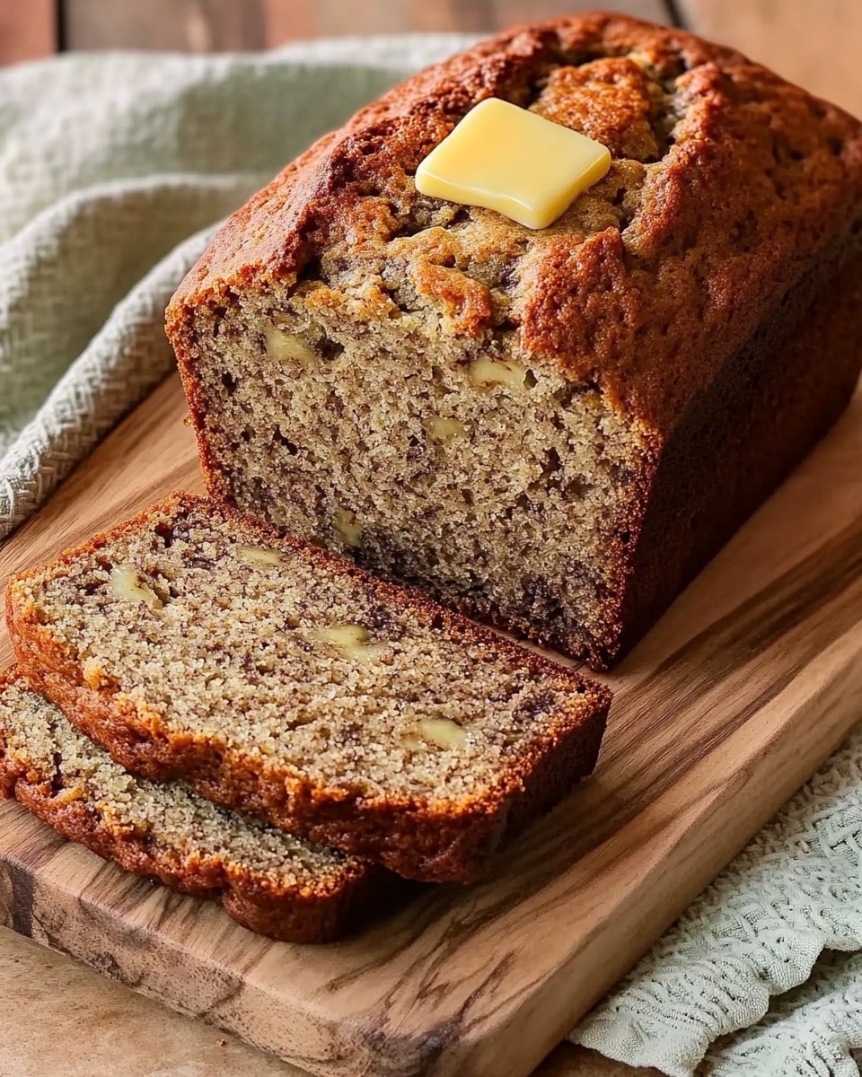 A loaf of banana bread with a brown, textured crust sits on a wooden cutting board over a pale green towel with a waffle pattern. Two slices are cut; the front slice has a small square of melting butter on top, showing a moist, speckled light brown inside. The loaf has a golden brown top with cracks running through it, highlighting a homemade look, while the cutting board’s soft wood grain contrasts with the bread’s rough texture. The setting uses warm, natural light to enhance the cozy feel of the scene. photo taken with an iphone --ar 4:5 --v 6.1