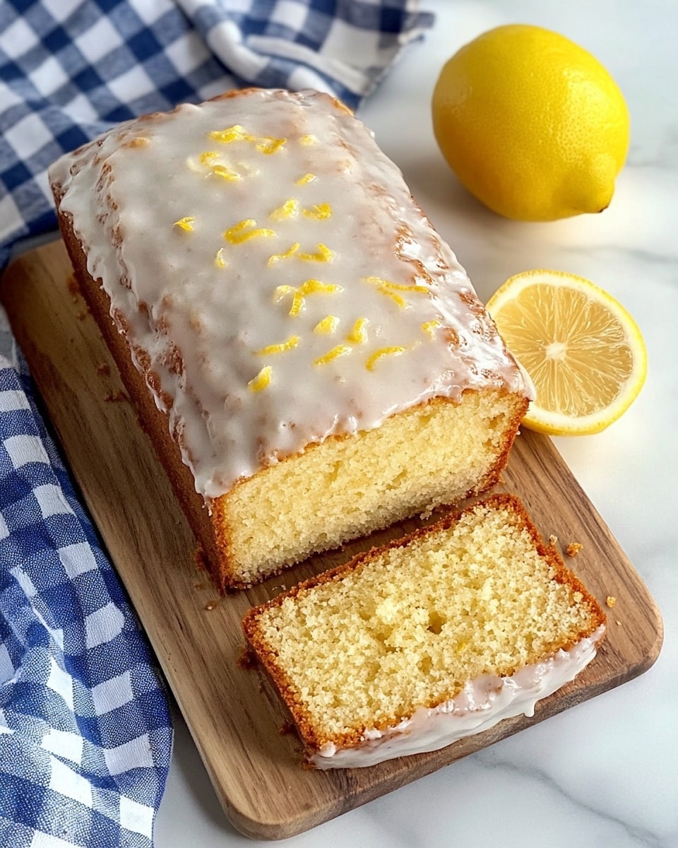 A lemon loaf cake is shown on a wooden cutting board against a white marbled surface. The cake has one visible slice cut from the front end, revealing a soft, crumbly yellow inside with small lemon bits throughout. The top of the cake has a shiny, white glaze that is slightly dripping down the sides. Surrounding the cake are three lemon wedges and a lemon half, adding bright yellow color. Behind, a blue and white checkered cloth is casually spread out. photo taken with an iphone --ar 4:5 --v 6.1