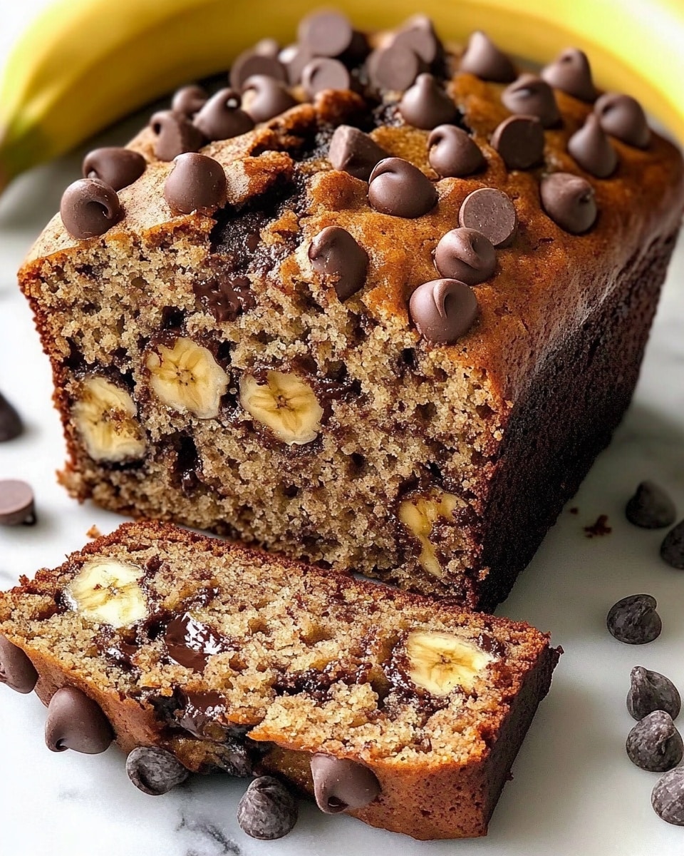 A loaf of chocolate chip banana bread is shown on a white marbled surface. The bread has one thick slice cut and laid flat in front, revealing a moist inside with scattered dark chocolate chips. The top layer is golden brown and dotted with larger chocolate chips, some slightly melted. The sides of the loaf are darker brown, showing a well-baked crust. There are extra chocolate chips scattered around the bread on the white parchment paper beneath. In the background, a whole yellow banana is visible. Photo taken with an iphone --ar 4:5 --v 6.1