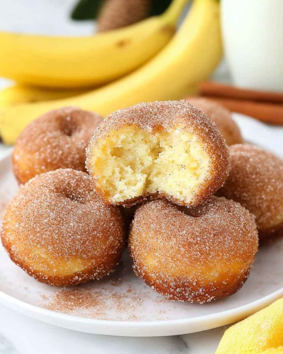 The image shows a white plate holding six round doughnut holes covered in a light brown sugar and cinnamon coating. One doughnut hole is placed on top of the others and has a bite taken out, revealing a soft, airy, pale yellow inside with a slightly textured crumb. The doughnut holes have a golden-brown color beneath the sugar coating, and the sugar looks granular and sparkling. The plate is set on a white marbled surface with blurred yellow bananas and a glass of milk in the background. Two cinnamon sticks and a yellow cloth napkin are placed nearby. Photo taken with an iphone --ar 4:5 --v 6.1