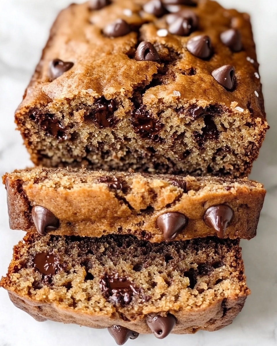 A close-up view shows a thick slice of chocolate chip bread held by a woman's hand. The bread slice has a rough, crumbly light brown texture with visible dark chocolate chips spread inside and a few large chocolate chips embedded on its bottom edge. In the background, two more pieces of the same chocolate chip bread sit on white parchment paper on a white marbled surface, slightly blurred. The overall image has a soft, natural look. photo taken with an iphone --ar 4:5 --v 6.1