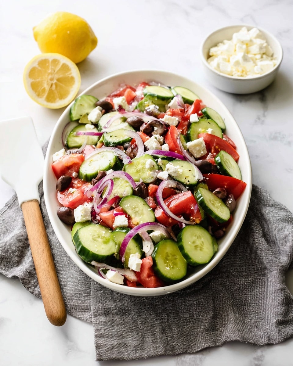 A fresh salad is shown on a white oval plate placed on a gray cloth over a white marbled surface. The salad has three main layers: the bottom layer is thickly sliced green cucumber pieces, the middle layer has cut red tomato chunks, and the top layer includes thin purple onion strips and sliced black olives. Small white cubes of cheese are sprinkled all over the salad. Behind the plate, there is a small white bowl filled with more cheese and a whole lemon with one lemon half showing its inside. A wooden spatula with a white handle rests nearby. Photo taken with an iphone --ar 4:5 --v 7