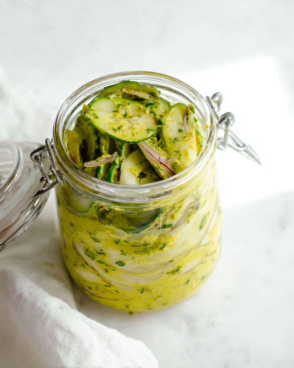 The image shows thin slices of cucumber and onion coated evenly in a thick yellow-green sauce inside a clear glass jar. The slices are layered loosely, with round cucumber slices and long onion pieces mixed together. The sauce appears creamy and slightly chunky with visible green herbs. The jar has a metal latch and is placed on a white marbled surface with a soft light shining from the top right side. A white cloth is partially visible on the side. Photo taken with an iphone --ar 4:5 --v 7