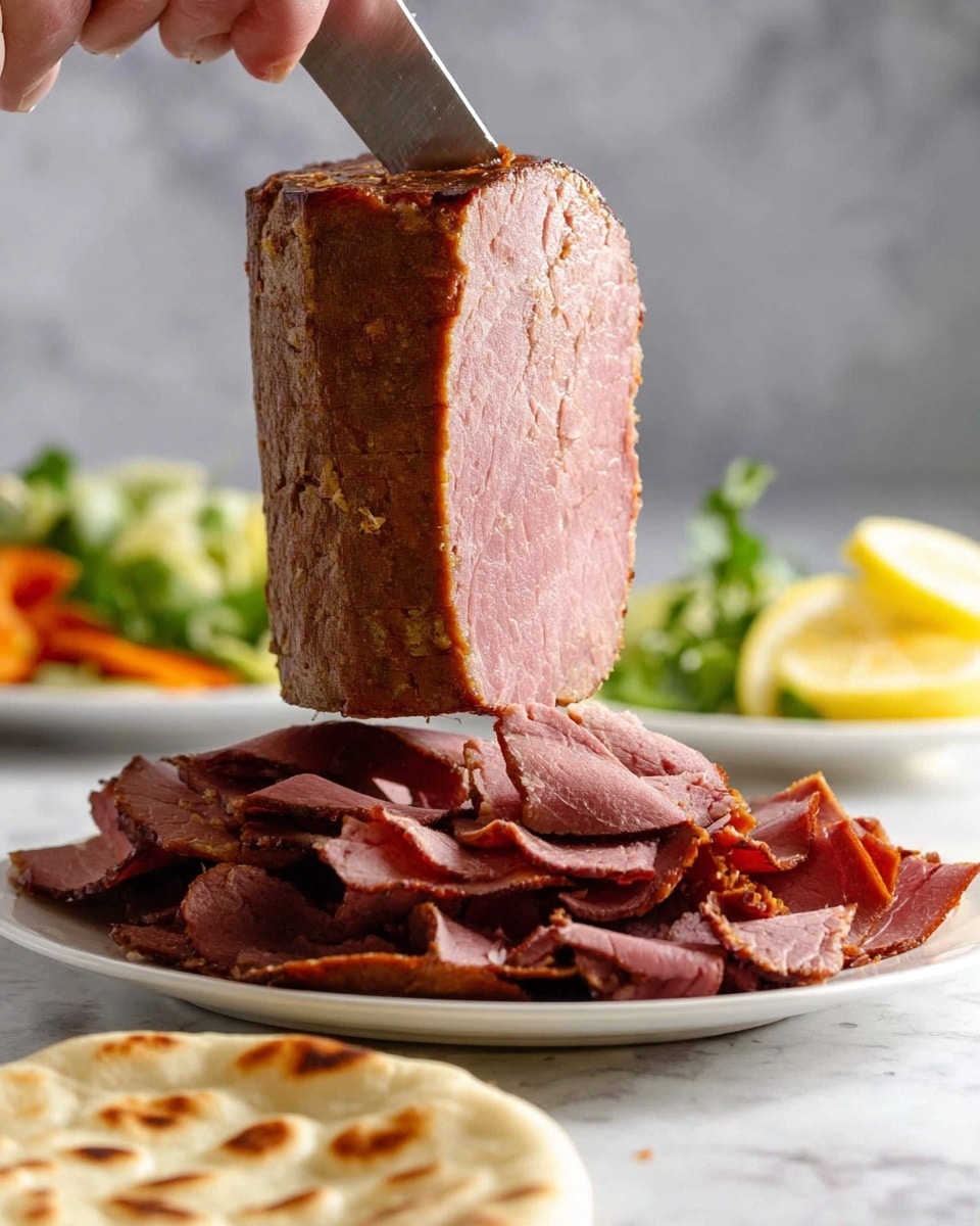 A tall, cylindrical tower of cooked meat with a brown, slightly crispy outer layer and a dense, smooth pink inside is being sliced vertically by a large knife held by a woman's hand from the top. Thin, dark brown slices are falling onto a white plate below, where some slices are already piled up. In front of the plate, there is a piece of flatbread with golden brown spots. In the background on the white marbled surface, there is a blurred mix of fresh salad greens and lemon wedges adding a splash of green, orange, and yellow colors. The photo taken with an iphone --ar 4:5 --v 7