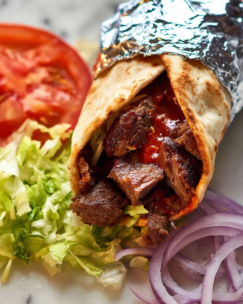 The image shows a wrapped shawarma with a toasted pita bread wrap, partially covered in shiny silver foil at the bottom. Inside, there are several pieces of dark brown grilled meat with a reddish sauce on top, visible at the open end of the wrap. Surrounding the shawarma are shredded green lettuce on the left side and a mix of tomato slices and thin purple onion rings on the right side. All of this is arranged on a white marbled surface. photo taken with an iphone --ar 4:5 --v 7
