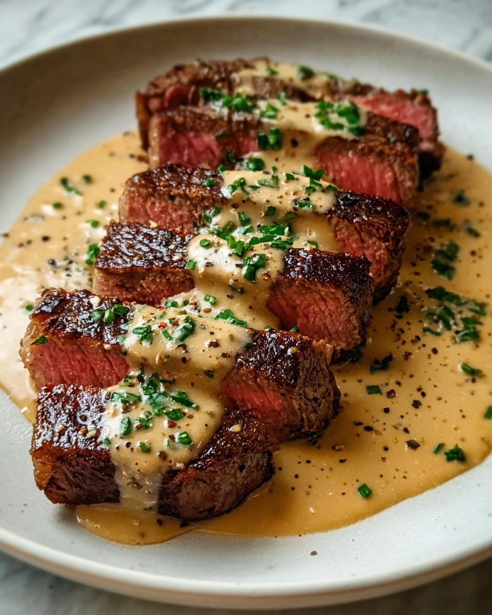 A white plate holds a steak sliced into thick pieces arranged side by side, showing a pink center with a browned, seared outer layer; the steak is covered with a light tan creamy sauce that flows over the top and pools around the base, sprinkled with chopped green herbs and black pepper. The surface beneath has a white marbled texture. photo taken with an iphone --ar 4:5 --v 7