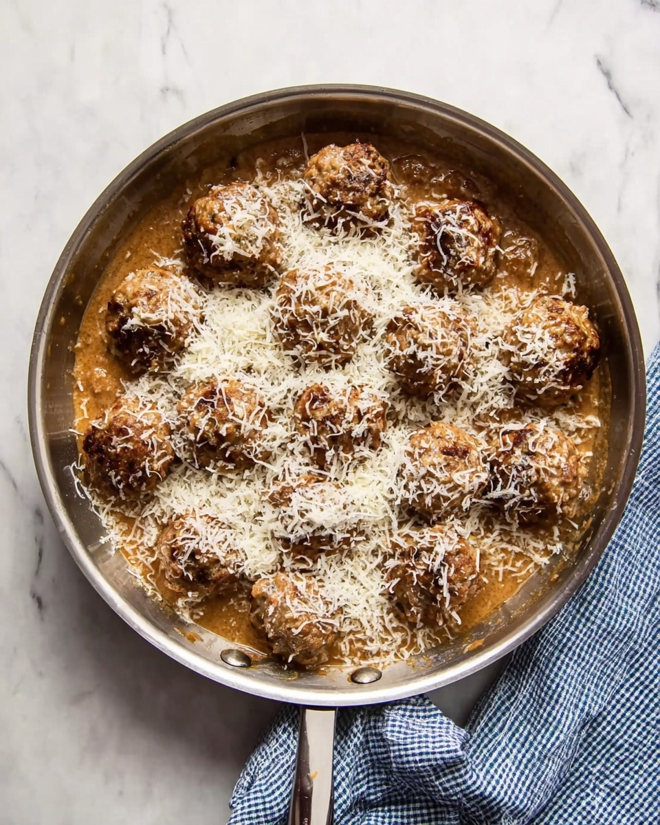 A round silver pan on a white marbled surface holds about 18 browned meatballs arranged close together, covered in a creamy light brown sauce with visible herbs and grated cheese melted on top. The sauce has a thick, slightly oily texture and pools around the meatballs, creating a rich look. Below the pan, a white plate with a thin brown rim sits on the same white marbled surface, holding two pieces of toasted bread with a golden-brown crust. The scene is simple and bright. Photo taken with an iphone --ar 4:5 --v 7