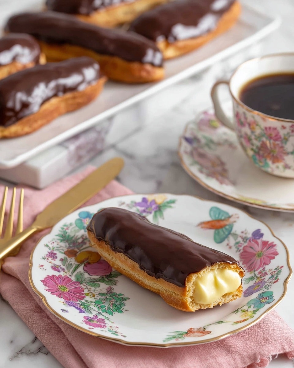 A white plate with colorful flower and butterfly patterns holds one éclair with a glossy dark brown chocolate top layer that is smooth and shiny. The éclair is cut to show a thick, creamy light yellow filling inside, with a golden brown choux pastry base. In the background, a white rectangular plate with similar floral decorations holds three more chocolate éclairs. The setting is on a white marbled surface with a pink cloth napkin under the plate, a gold fork and knife to the left, and a white cup with a floral design containing black coffee just partially in view. Photo taken with an iphone --ar 4:5 --v 7