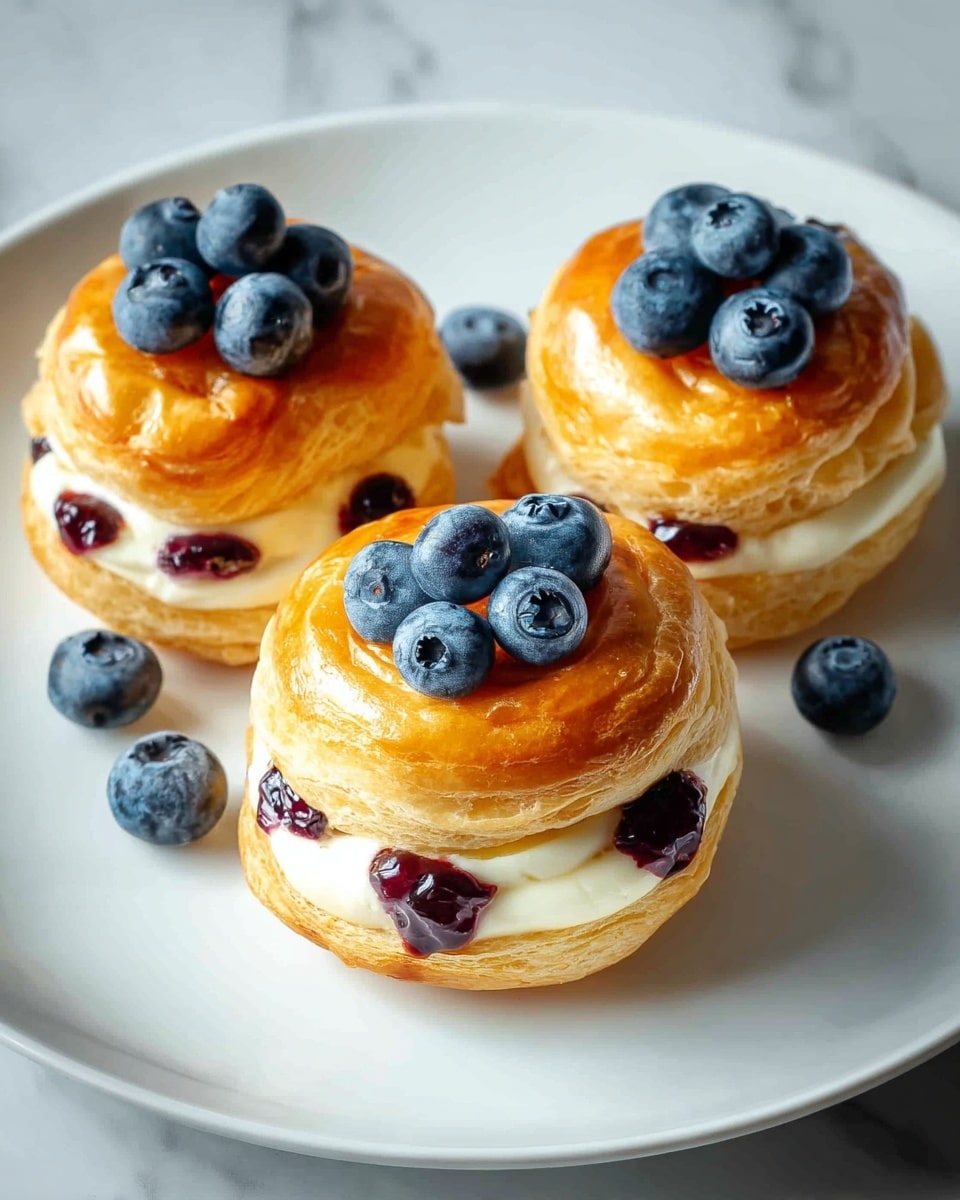 The image shows four round pastries with a golden shiny top layer that looks flaky and smooth. Each pastry has two layers: the bottom and top are the golden pastry, and in between is a creamy white filling with dollops of dark red jam visible. On top of each pastry, there are several fresh, plump blueberries arranged in the center. A few loose blueberries are scattered on the white plate around the pastries. The plate sits on a white marbled surface. Photo taken with an iphone --ar 4:5 --v 7
