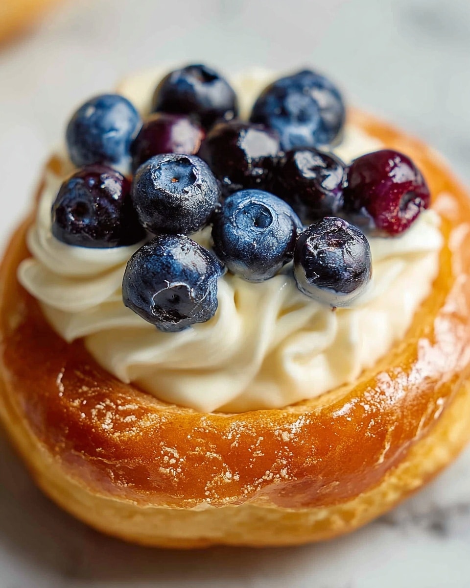 A close-up of a small dessert with three layers: the outer layer is a golden-brown pastry ring with a shiny, slightly rough texture; the middle layer is creamy white filling swirled smoothly inside the pastry; the top layer is fresh, plump blueberries scattered on the cream, showing dark blue and purple shades with natural textures on their skin. The dessert sits on a white marbled surface. photo taken with an iphone --ar 4:5 --v 7