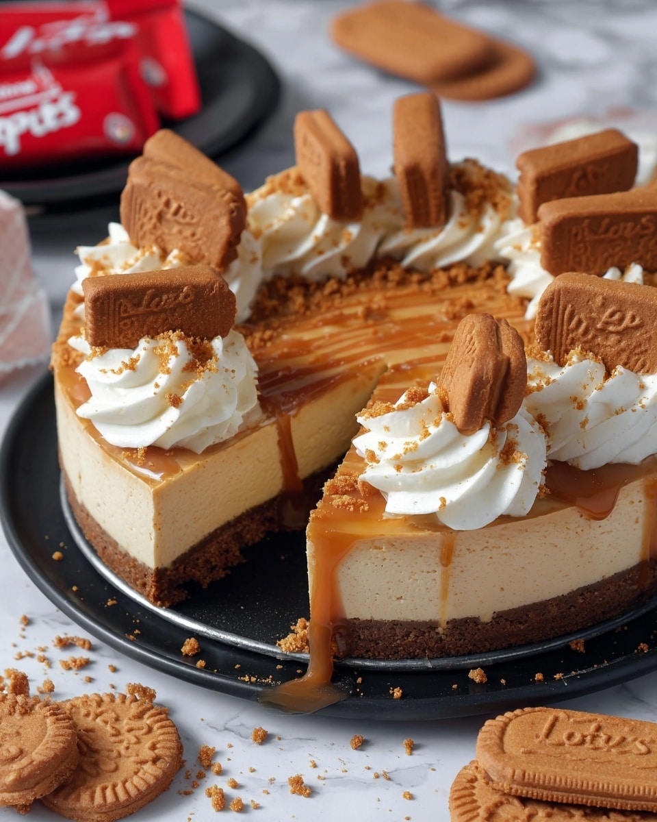 A round cheesecake with three main layers sits on a black plate: a crumbly dark brown biscuit base, a thick creamy beige middle layer, and a thin caramel-colored top layer. The cake is decorated with white swirls of whipped cream around the edge, each topped with a whole rectangular brown Lotus biscuit standing upright. Some caramel sauce drips down the sides, adding a glossy texture, and there are crumbled biscuit bits sprinkled on the whipped cream and surface. The cheesecake is partly sliced, showing clean edges and soft creamy texture inside. The setting features more Lotus biscuits scattered on a white marbled surface and a white biscuit packet nearby. Photo taken with an iphone --ar 4:5 --v 7