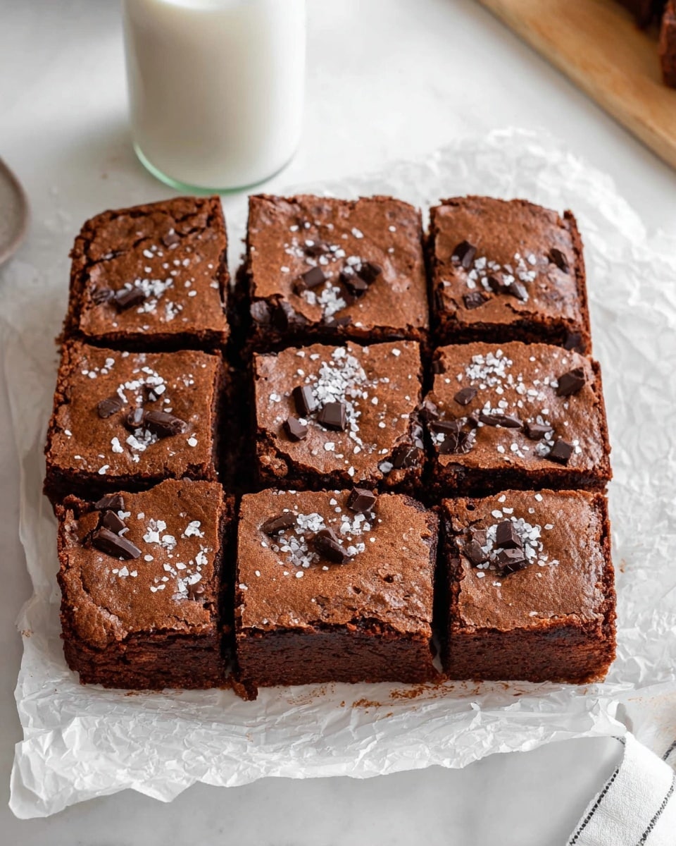 A white square cake cut into nine equal pieces sits on crinkled white parchment paper on a white marbled surface. The cake has a deep brown color with a slightly cracked top layer, showing a dense, rich inside. Scattered on top are small, dark chocolate chunks and flakes of coarse white salt that add texture. In the background, part of a glass bottle with white milk is visible, adding a fresh contrast to the dark cake. photo taken with an iphone --ar 4:5 --v 7