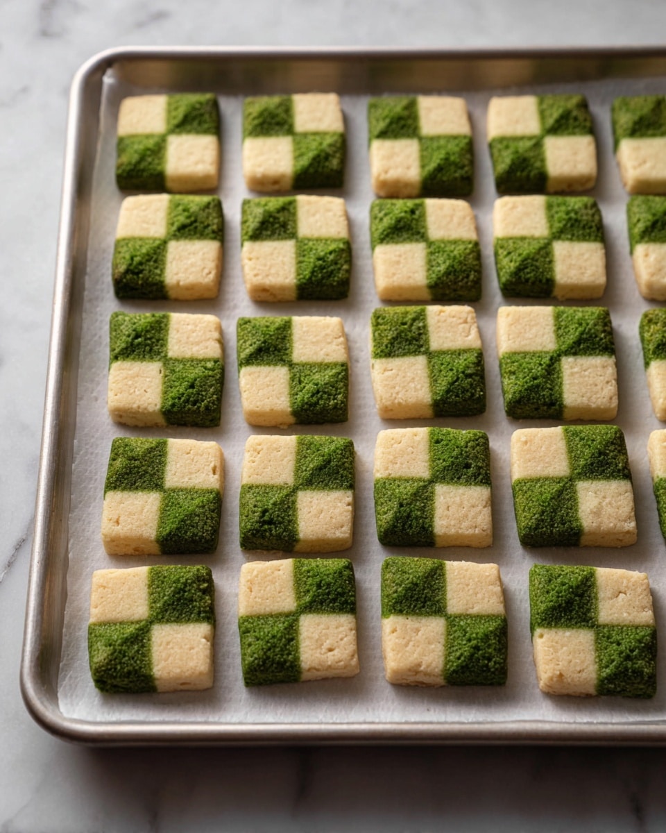 The image shows a tray of square cookies arranged in a neat grid on white parchment paper over a baking sheet. Each cookie has a checkered pattern made of two layers: cream-colored dough and green dough, with the squares forming a consistent alternating grid across the cookie. The texture looks slightly crumbly on the edges with smooth flat surfaces for each square. The scene is set on a clean white marbled texture background. photo taken with an iphone --ar 4:5 --v 7