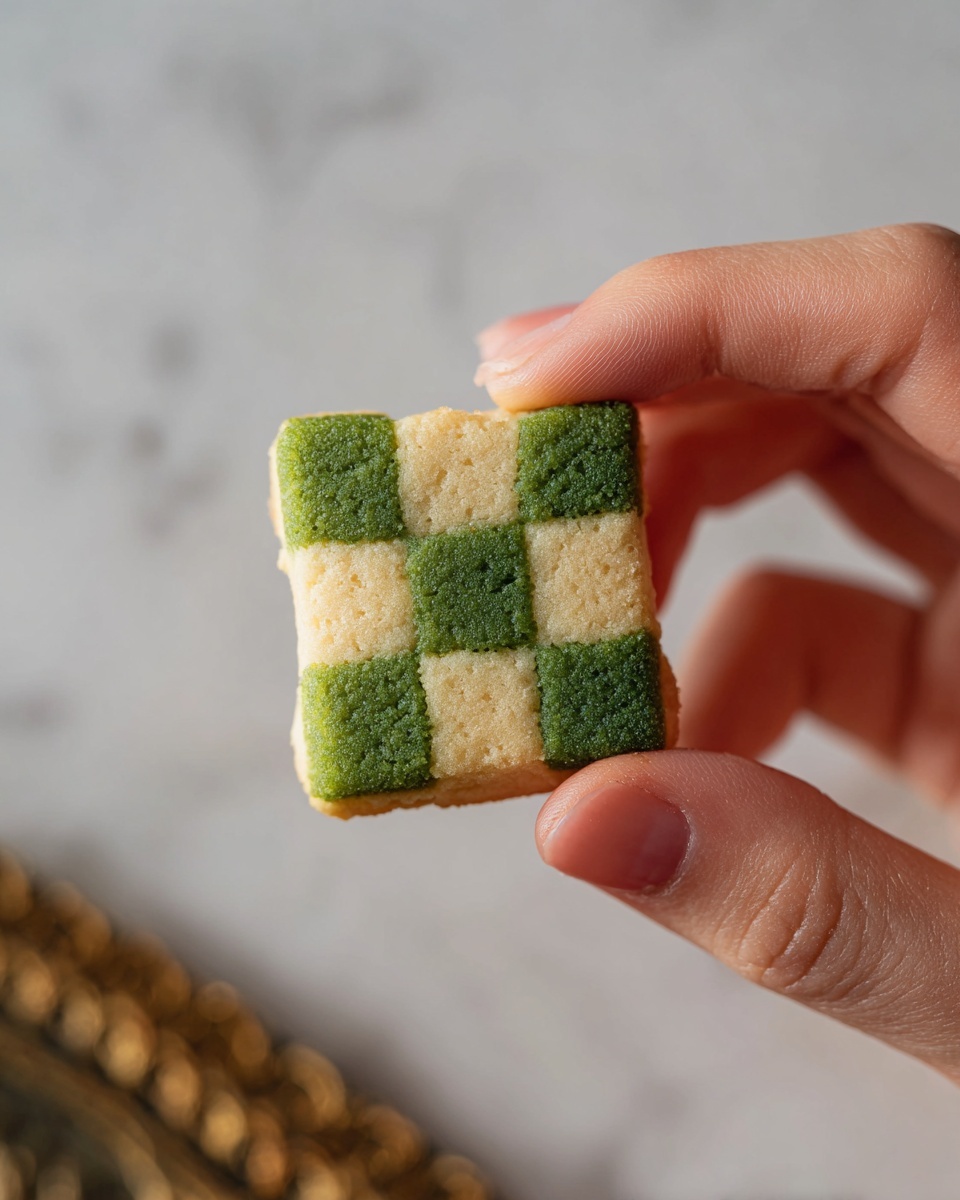 A close-up image of a small, square cookie held between the thumb and index finger of a woman's hand. The cookie is made of two colors in a checkerboard pattern, alternating light beige and green squares. The cookie looks firm and slightly crumbly with visible texture on its surface. The background is blurred, focusing the attention on the cookie and the woman's hand. The whole scene is set against a white marbled surface. photo taken with an iphone --ar 4:5 --v 7