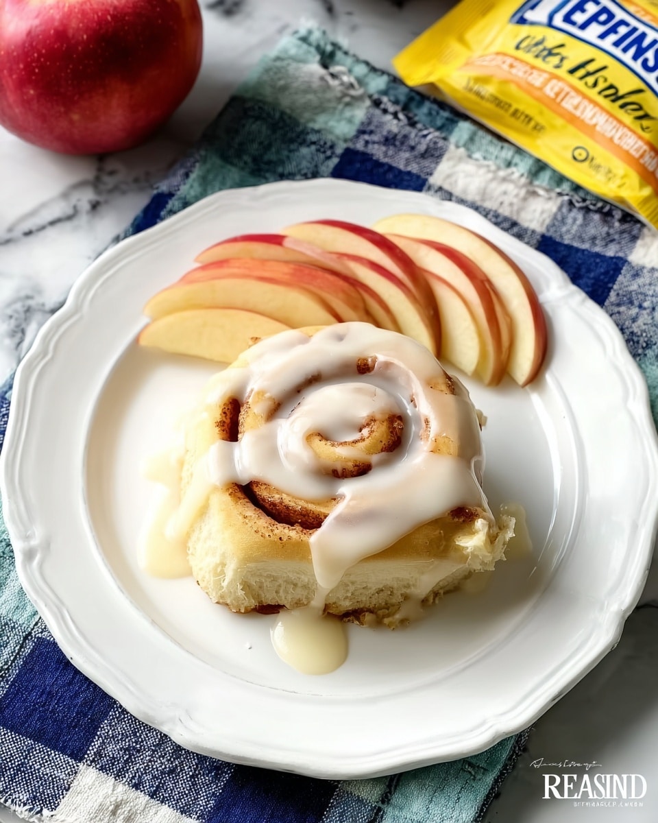 A white scalloped plate holds a cinnamon roll with light brown swirls and a thick creamy white icing drizzled over and around it. Next to the roll are five thin slices of red apple, showing red skin and pale inside. The plate is on a white marbled surface next to a blue and white checkered cloth and yellow instant yeast packets in the background. photo taken with an iphone --ar 4:5 --v 7