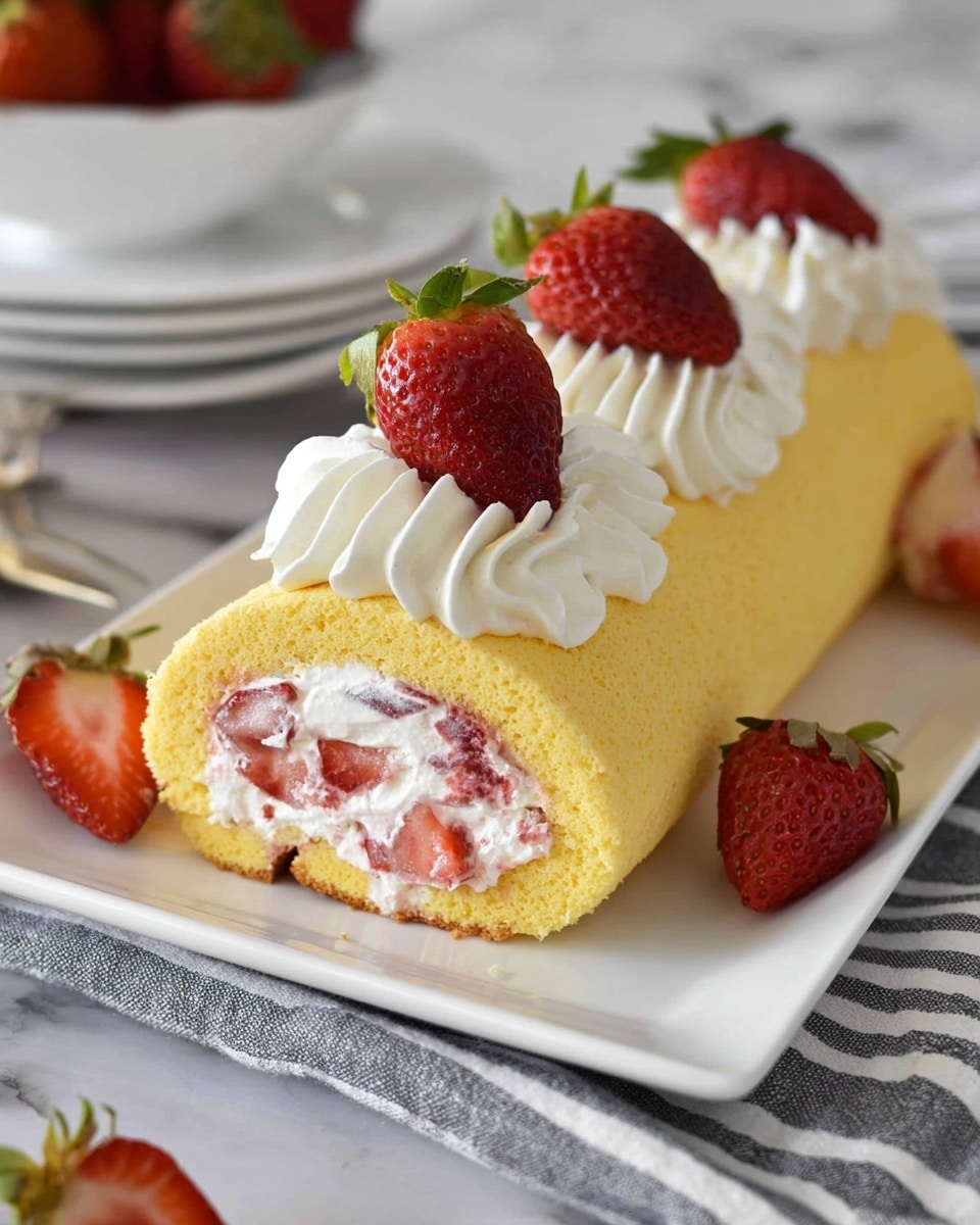 A yellow sponge cake roll filled with white cream mixed with pieces of red strawberries is shown on a white rectangular plate. The cake is topped with white whipped cream piped in wavy shapes and decorated with halved strawberries with green leaves, placed in a line along the top of the roll. More whole and halved strawberries are scattered around the plate. The plate is set on a gray and white striped cloth, all on a white marbled surface. In the background, there is a blurred bowl with strawberries and some stacked white plates. Photo taken with an iphone --ar 4:5 --v 7