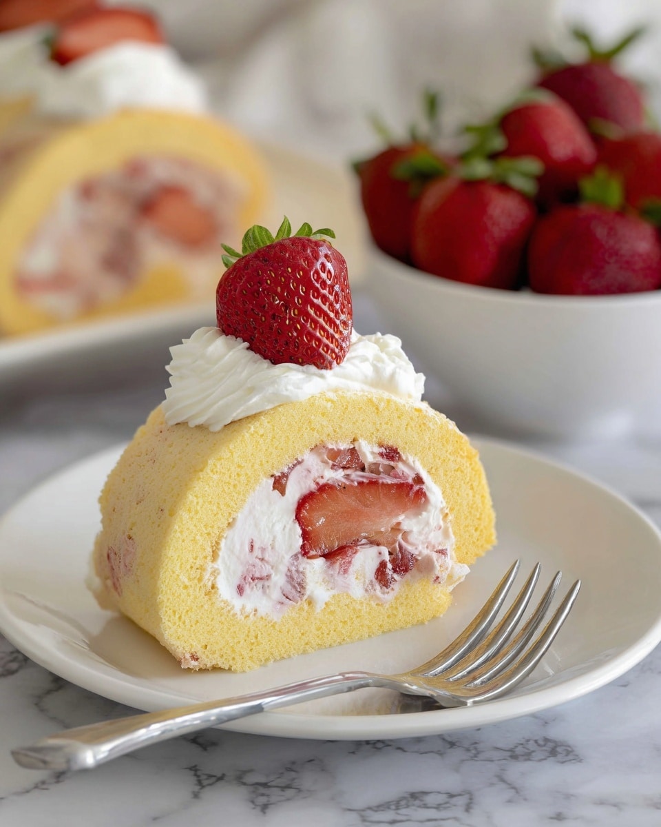 The image shows a slice of strawberry cream roll cake placed on a white plate with a silver fork beside it. The cake has three main layers: a light yellow sponge cake outer layer, a middle layer of white cream mixed with small red strawberry pieces, and a top layer of white whipped cream. On top of the whipped cream are two strawberries, one whole with a green stem and the other sliced in half, revealing its red inside. In the background, there is a white bowl full of fresh red strawberries and another slice of the cake, all set on a white marbled surface. Photo taken with an iphone --ar 4:5 --v 7