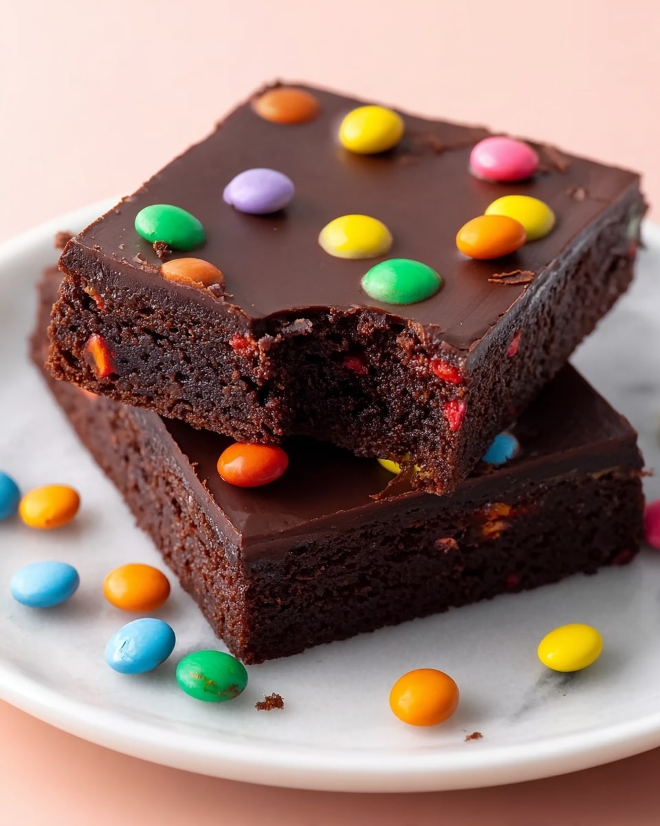 Two rectangular dark brown brownies are stacked on a white plate on a white marbled surface. Each brownie has two layers: the bottom layer is a dense, textured chocolate cake, and the top layer is a smooth, glossy dark chocolate frosting. Small colorful candy-coated pieces in orange, yellow, green, blue, pink, purple, and red are scattered on top of the frosting and around the brownies on the plate. One of the brownies on top has a bite taken from its corner, showing the moist inside. photo taken with an iphone --ar 4:5 --v 7