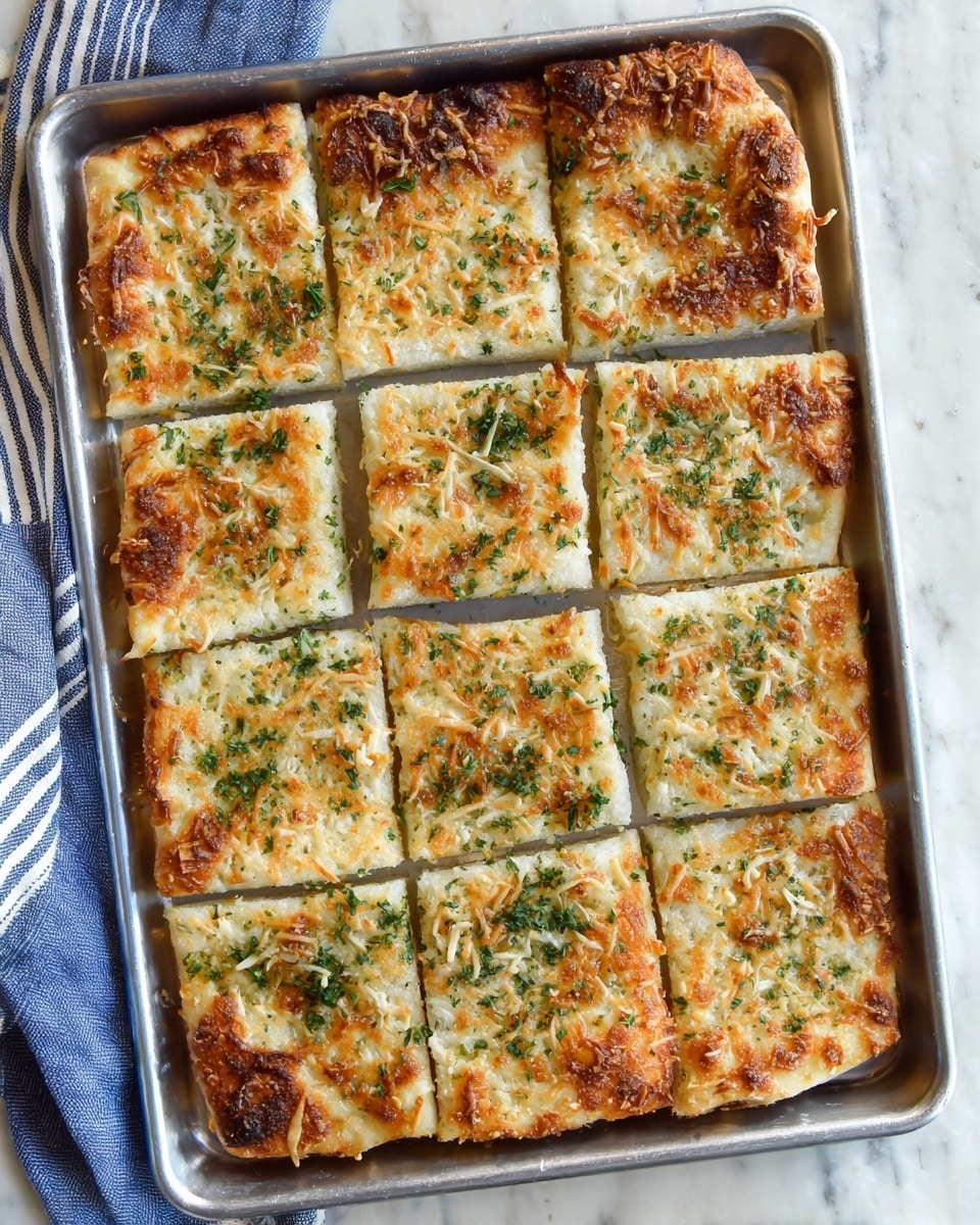 The image shows twelve rectangular pieces of baked flatbread arranged in a metal tray with edges. Each piece has a golden-brown top layer sprinkled with shredded cheese and green herbs, giving a textured and slightly crispy appearance. The bread underneath is light cream colored, soft, and fluffy, with slight browning around the edges. The flatbread is evenly cut, revealing a uniform thickness with the cheese and herbs well distributed on top. The tray sits on a white marbled surface with a striped blue and white cloth partially visible on the left side. Photo taken with an iphone --ar 4:5 --v 7