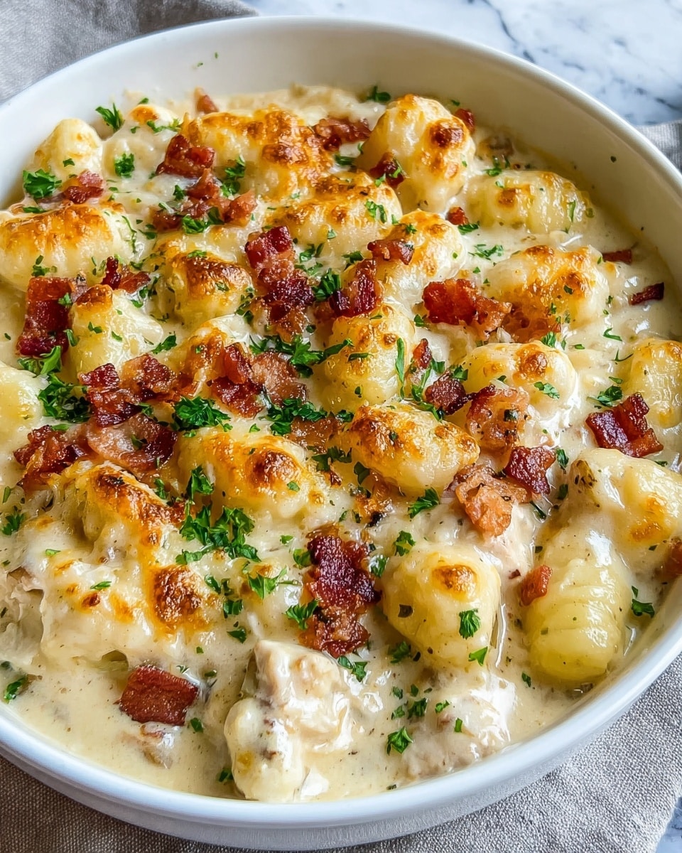 The image shows a white bowl filled with baked gnocchi covered in a creamy white sauce with a golden brown melted cheese crust on top. The gnocchi are plump and slightly browned with small bits of browned, crispy bacon scattered across the surface. There are green parsley flakes sprinkled over the top for color contrast. The sauce is thick and creamy, filling the bowl almost to the rim, with visible tender pieces of what looks like chicken mixed in. The dish sits on a white marbled surface with a light grey cloth underneath. photo taken with an iphone --ar 4:5 --v 7